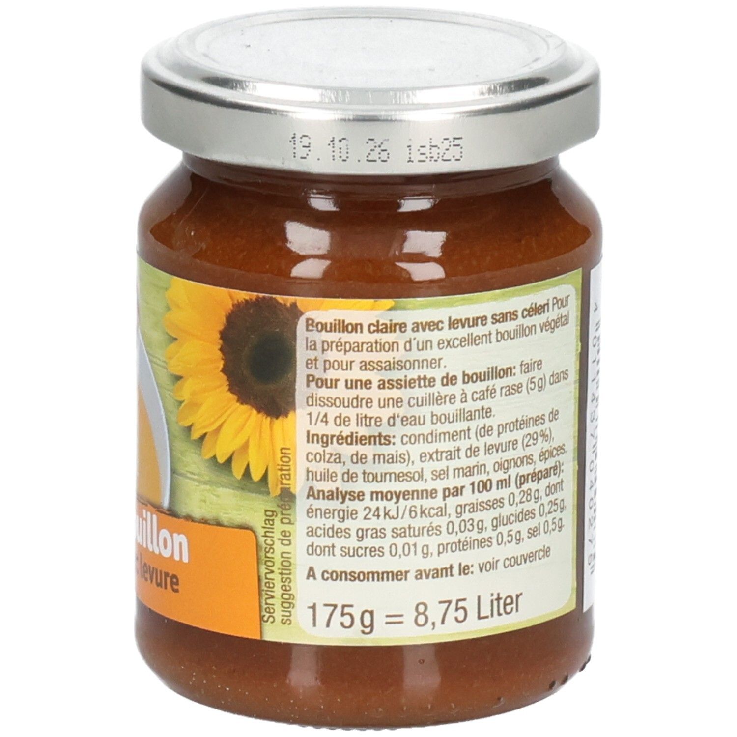 Pot de bouillon clair VITAM. Étiquette avec informations produit et valeurs nutritionnelles. Couvercle argenté.