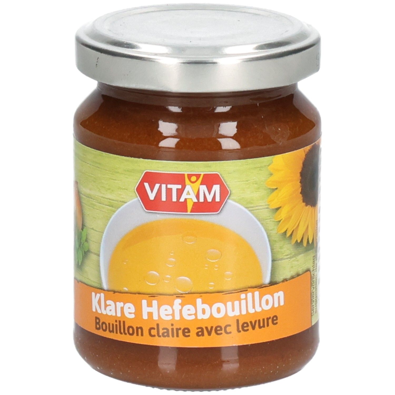 Pot de bouillon clair VITAM. Étiquette avec nom du produit, tournesol et soupe. Couvercle argenté.
