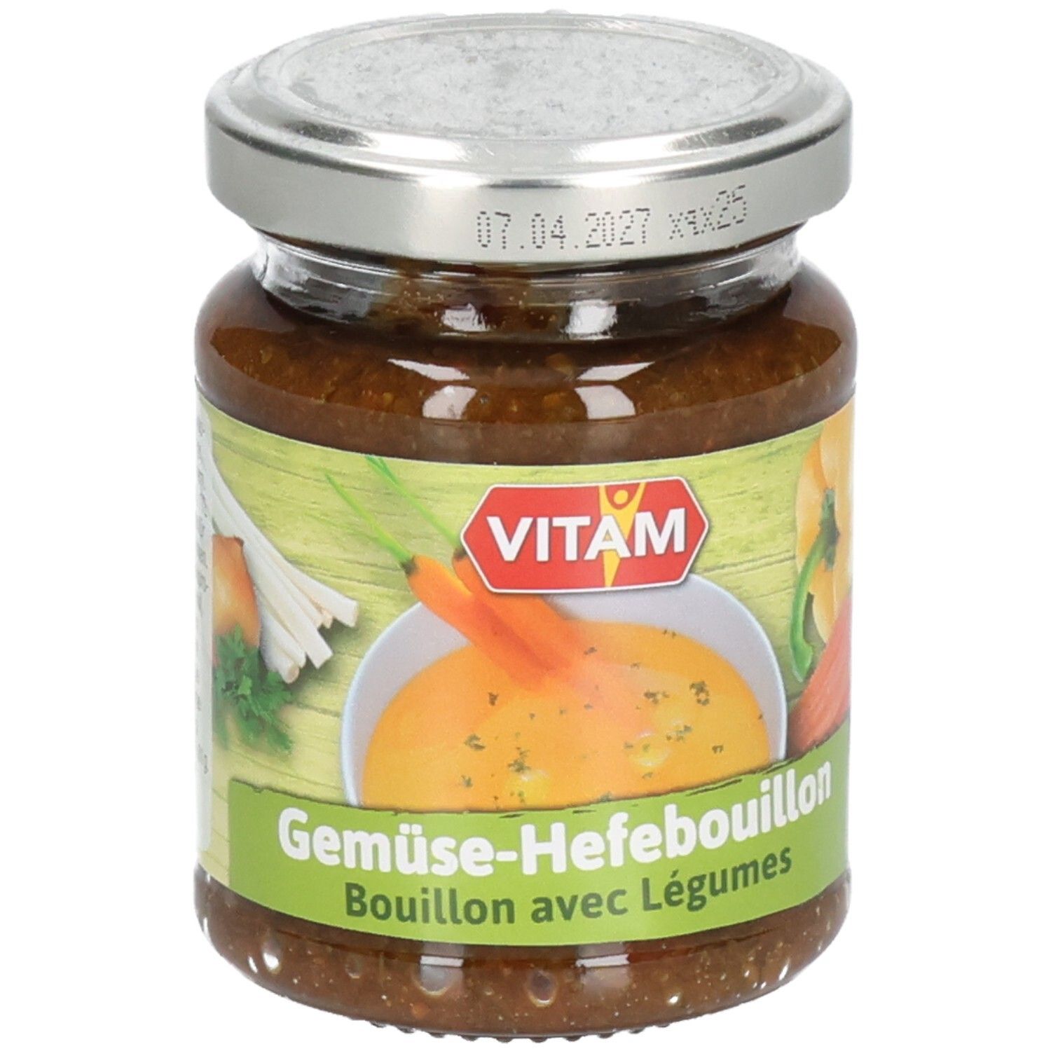 Glas mit VITAM Gemüse-Hefebouillon Paste. Etikett mit Produktbild und Schriftzug. Deckel mit Haltbarkeitsdatum.