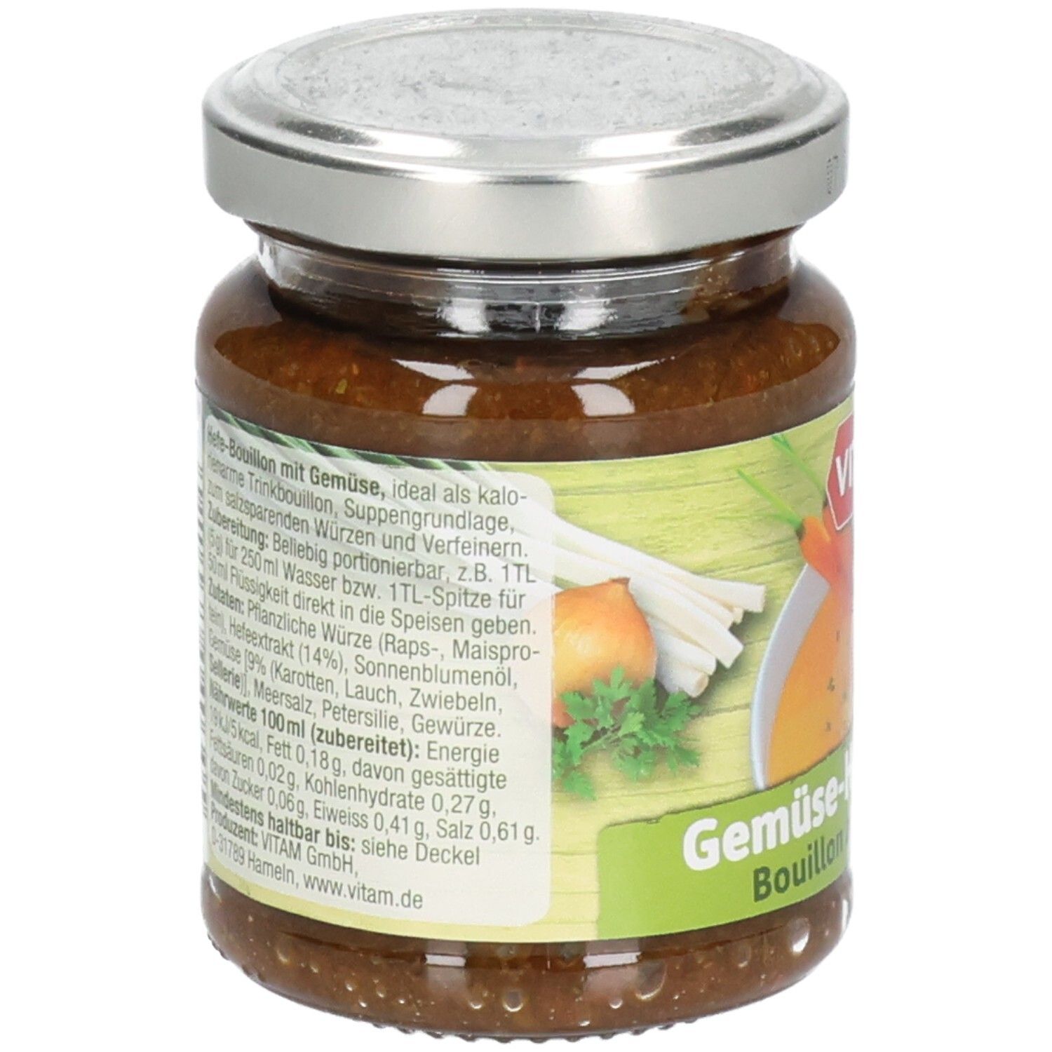 Glas mit VITAM Gemüse-Hefebouillon Paste. Rückseite mit Zutatenliste und Nährwertangaben. Deckel mit Haltbarkeitsdatum.