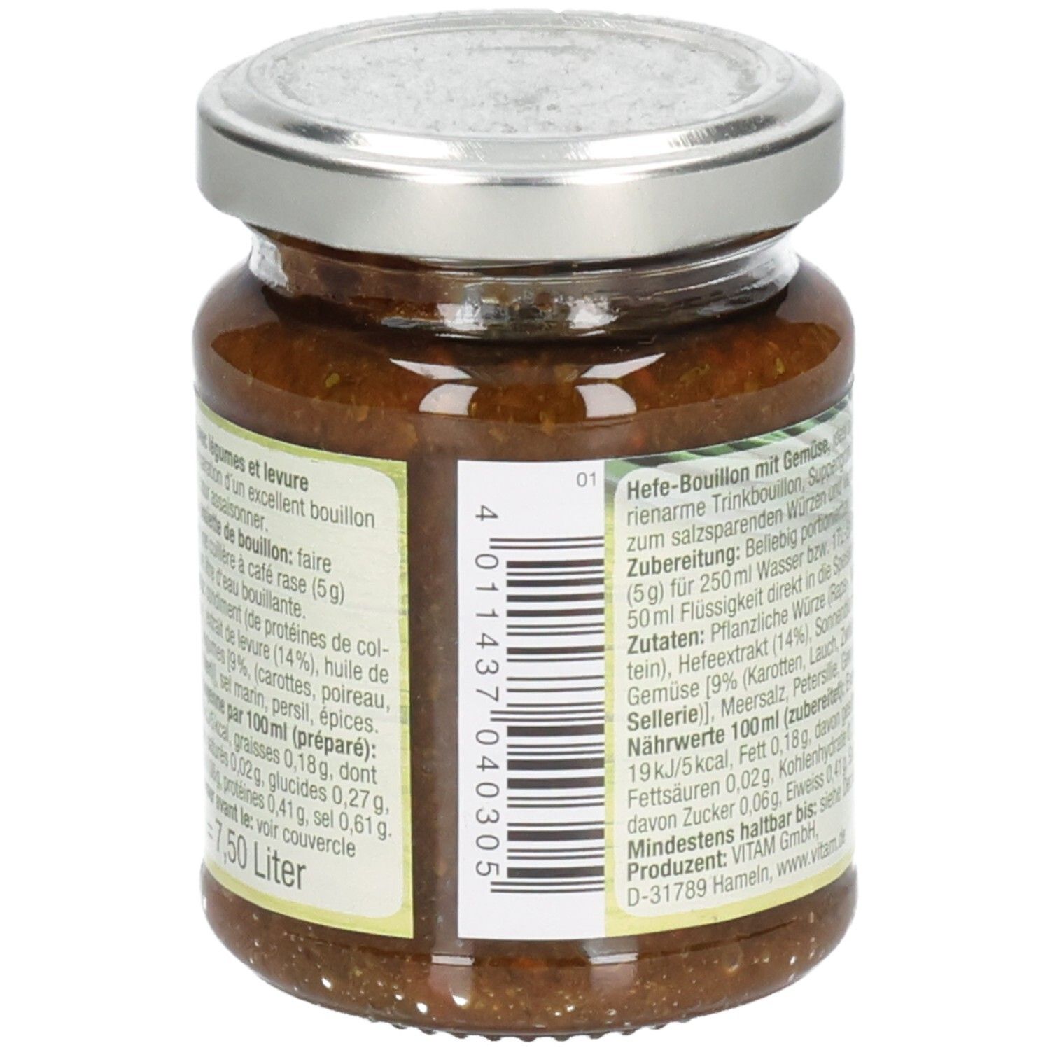 Rückseite des Glases mit VITAM Gemüse-Hefebouillon Paste. Barcode und Produktinformationen. 150 Liter.
