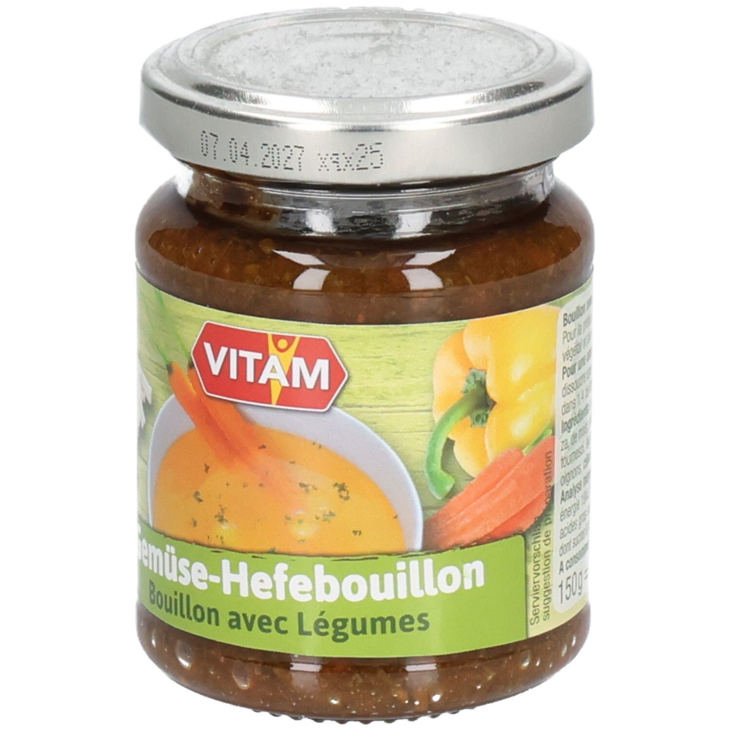 Glas mit VITAM Gemüse-Hefebouillon Paste. Etikett mit Produktbild und Schriftzug. Deckel mit Haltbarkeitsdatum.