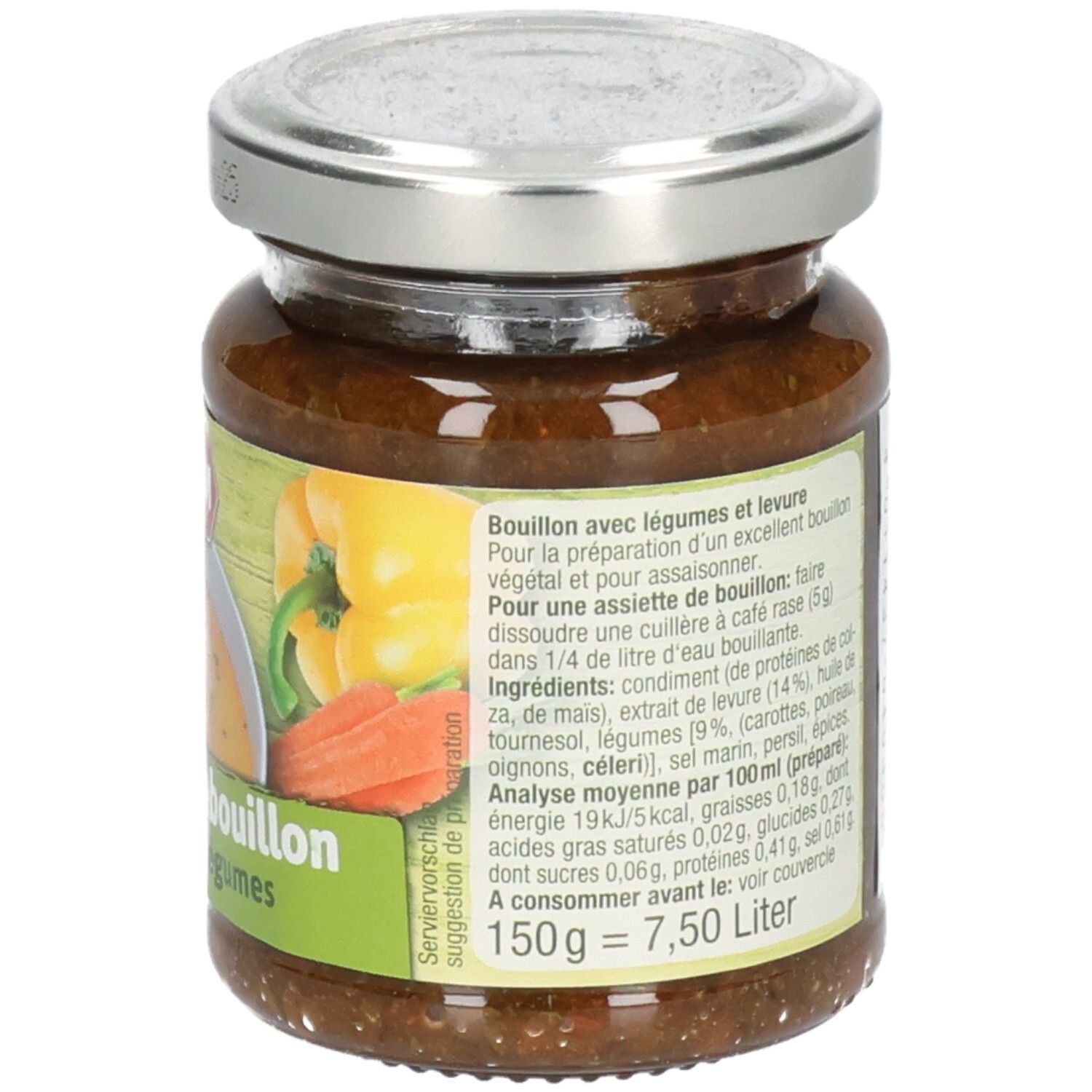 Glas mit VITAM Gemüse-Hefebouillon Paste. Rückseite mit Produktinformationen und Nährwertangaben. 150g.