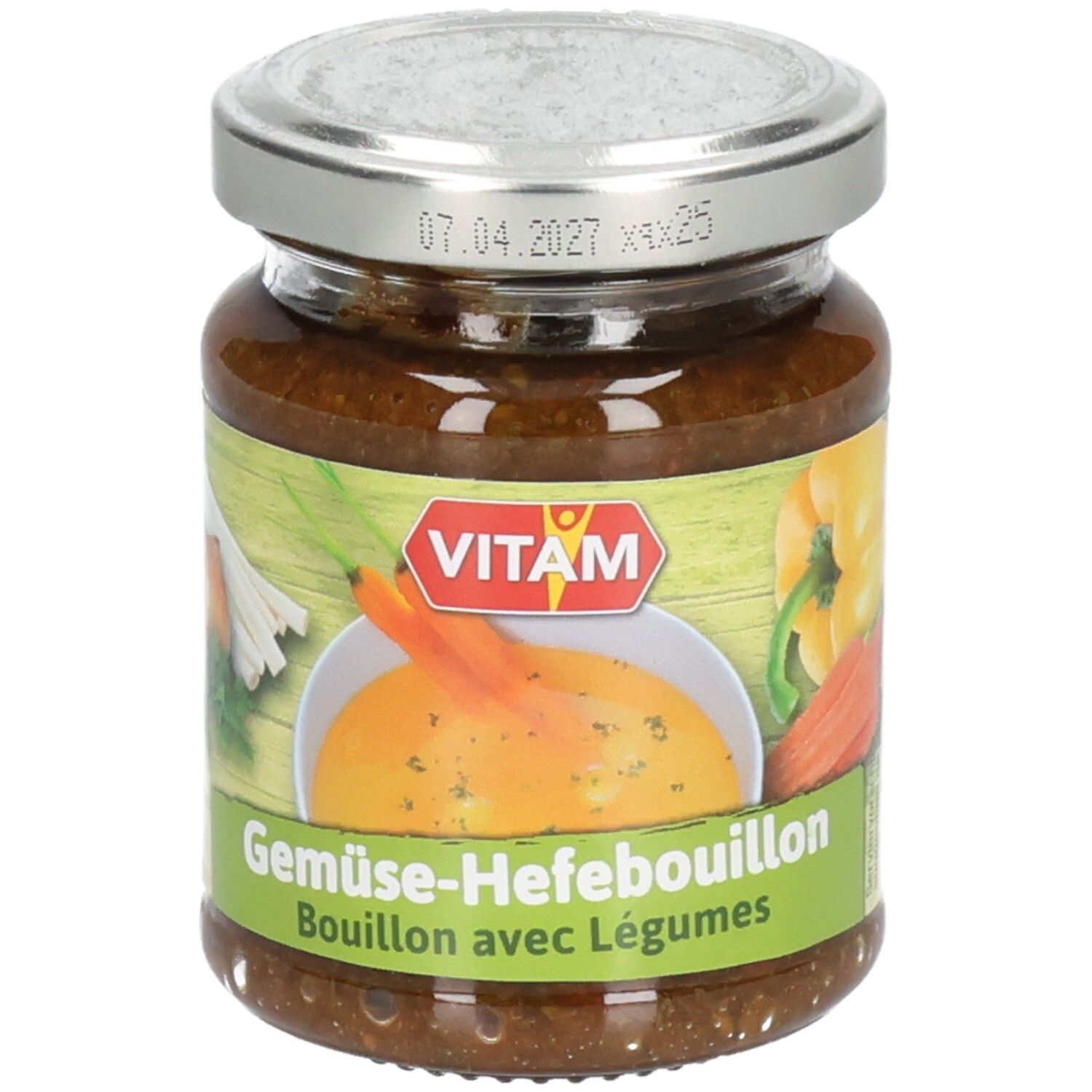 Glas mit VITAM Gemüse-Hefebouillon Paste. Etikett mit Produktbild und Schriftzug. Deckel mit Haltbarkeitsdatum.