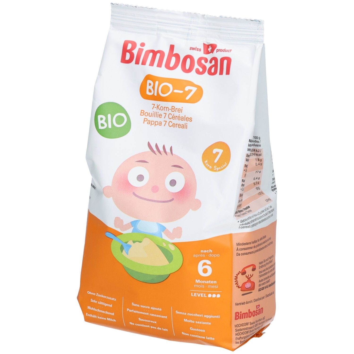 Bimbosan Bio-7 7-Korn-Brei Packung mit Baby-Illustration und Nährwertangaben.