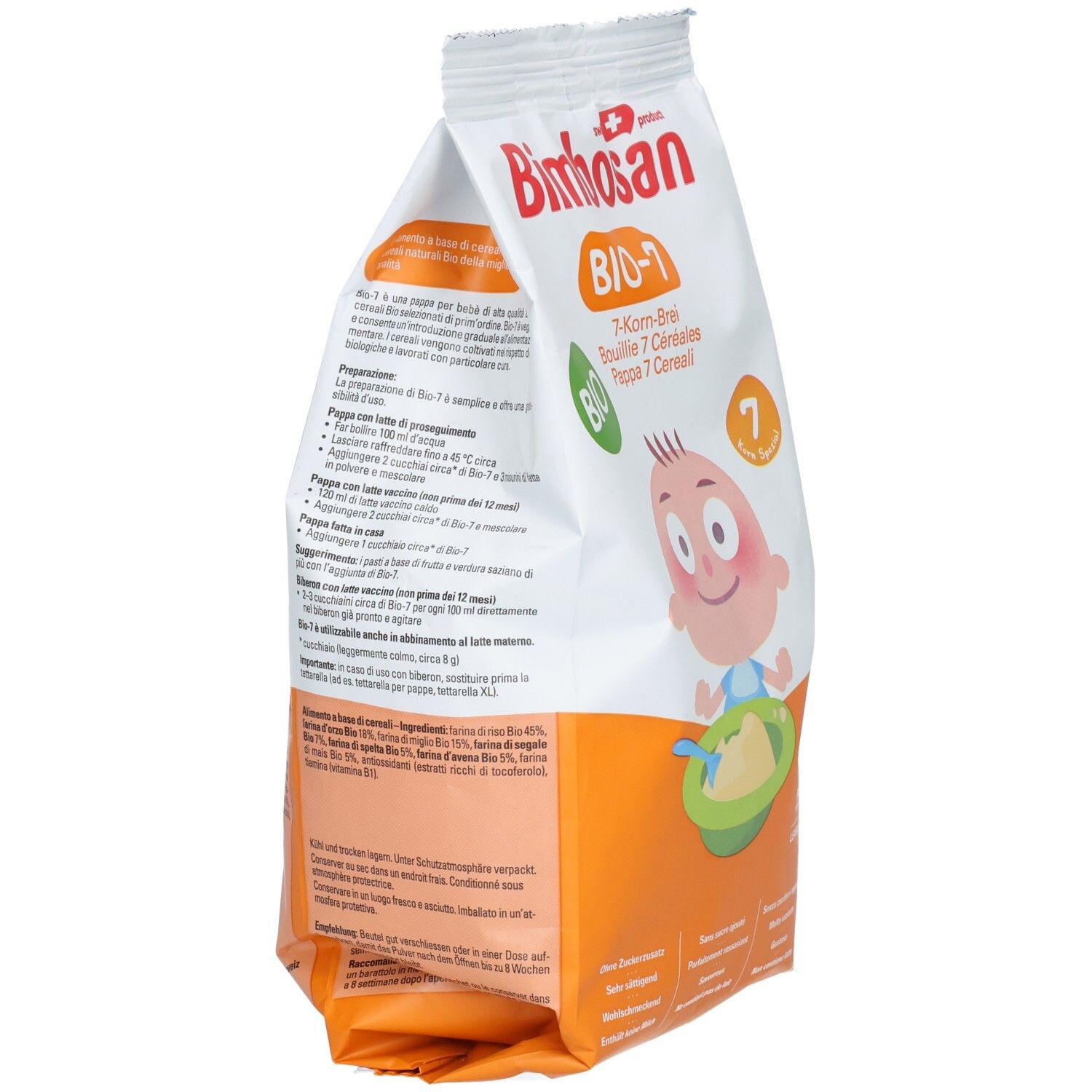 Rückseite der Bimbosan Bio-7 7-Korn-Brei Packung mit Zubereitungsanleitung und Zutatenliste.