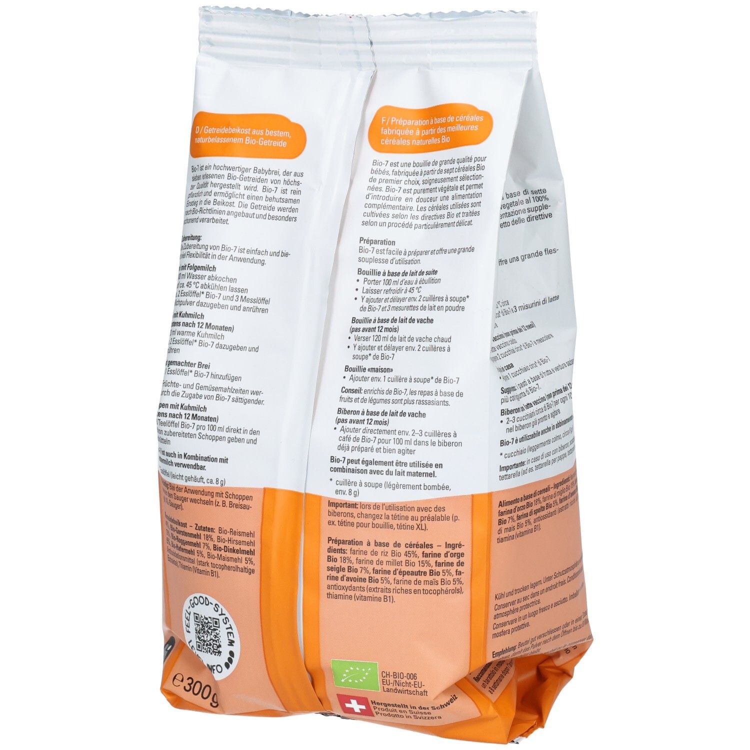 Seitenansicht der Bimbosan Bio-7 7-Korn-Brei Packung mit detaillierten Informationen und Bio-Siegel.