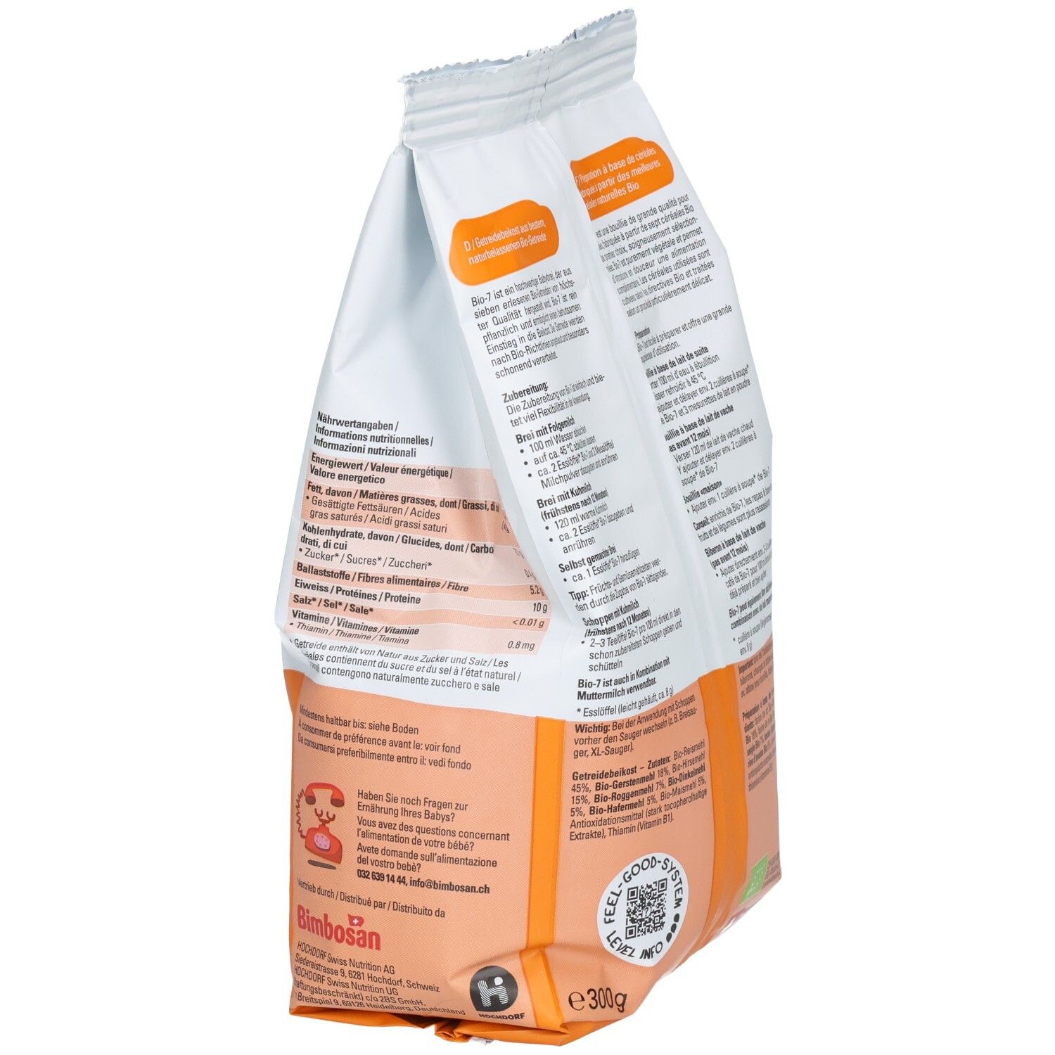 Seitenansicht der Bimbosan Bio-7 7-Korn-Brei Packung mit Produktinformationen und Siegeln.