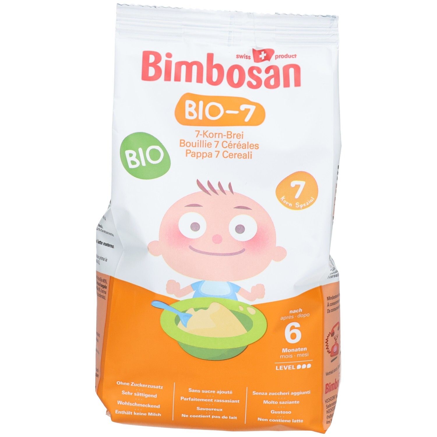 Vorderseite der Bimbosan Bio-7 7-Korn-Brei Packung mit Baby-Illustration, Bio-Siegel und Altersempfehlung.