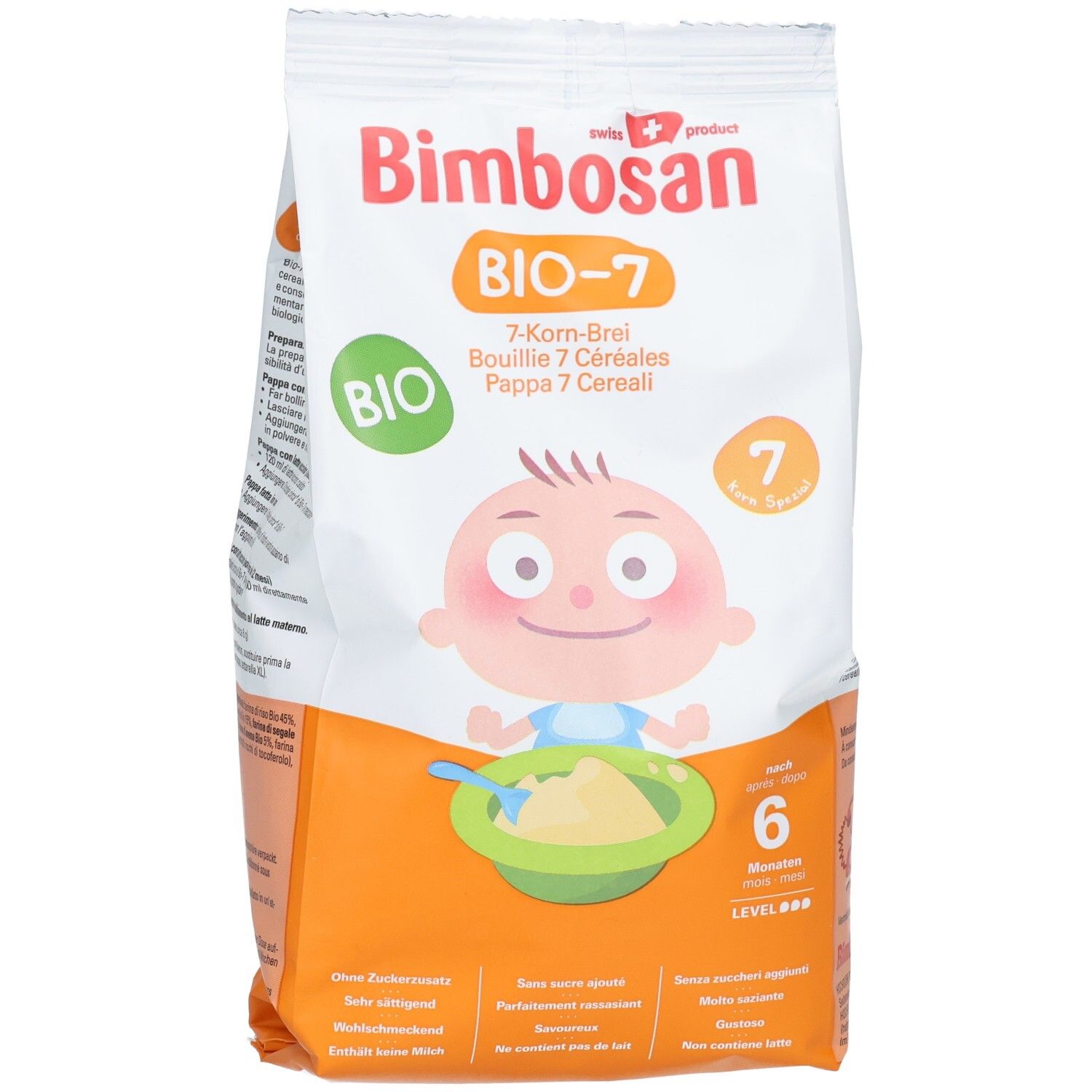 Bimbosan Bio-7 7-Korn-Brei Packung mit Baby-Illustration, Bio-Siegel und Altersempfehlung 6+ Monate.
