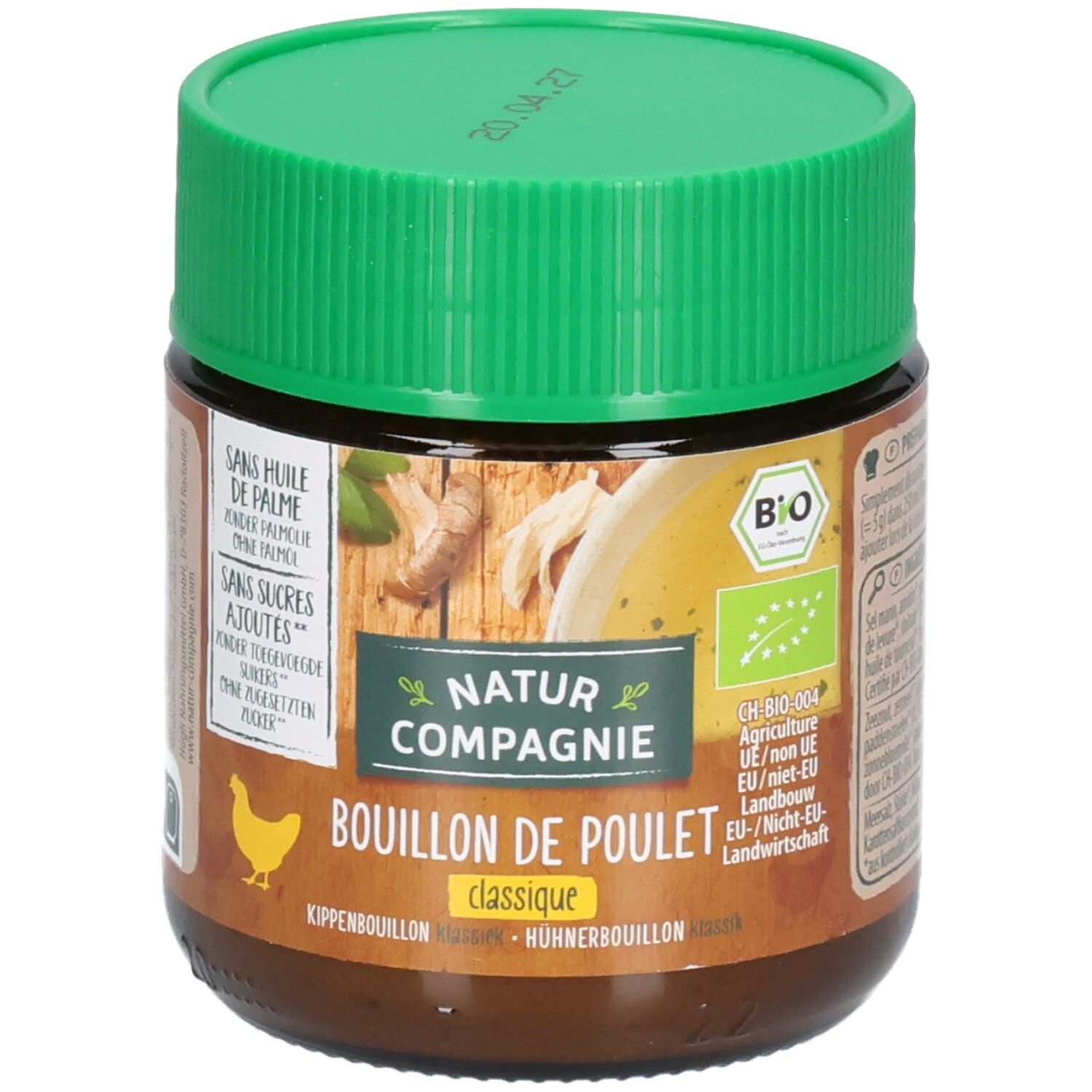 Braune Glasdose mit grünem Deckel. Aufschrift: NATUR COMPAGNIE, BOUILLON DE POULET classique. Bio-Siegel. Abbildung: Hühner.