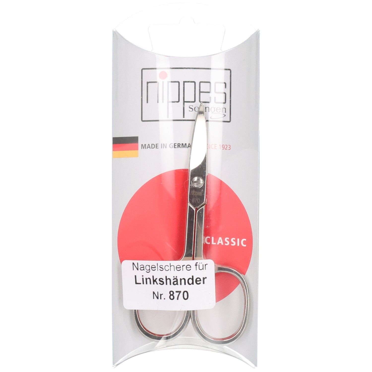 Nagelschere für Linkshänder in transparenter Verpackung. Sichtbar: Marke Nippes, Aufkleber mit Produktbezeichnung und Nummer.