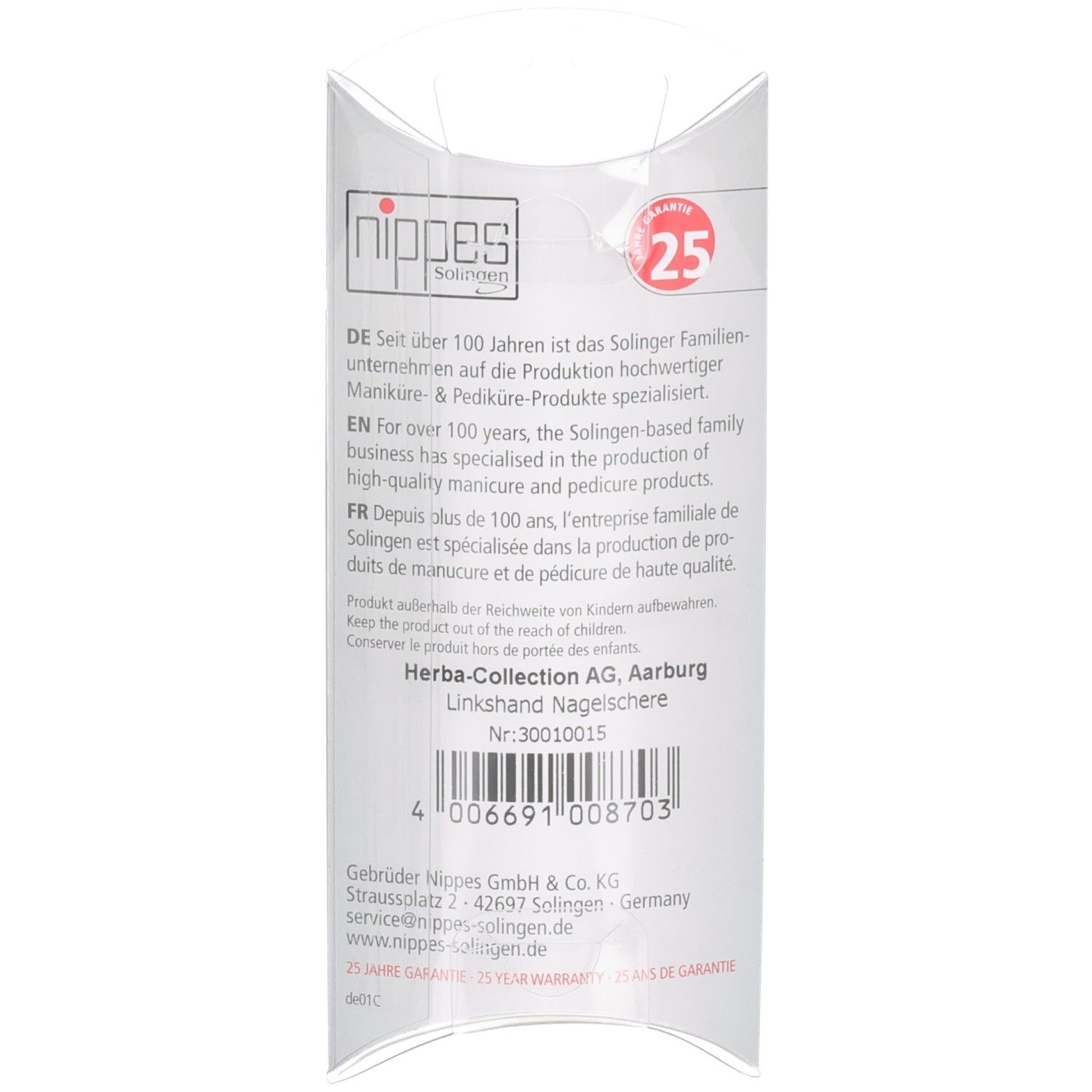 Rückseite der Verpackung. Text in Deutsch, Englisch und Französisch. Marke Nippes. 25 Jahre Garantie.