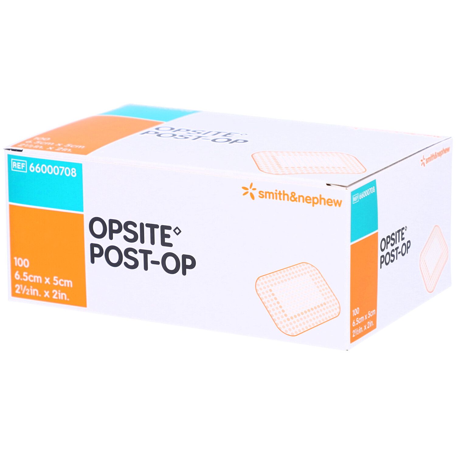 OPSITE Post-Op Box. Enthält 100 Verbände, 6,5 x 5 cm. Marke Smith & Nephew. REF 66000708.