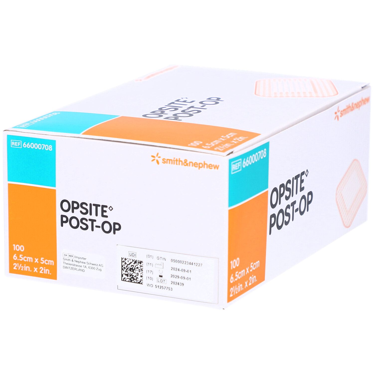 OPSITE Post-Op Box. Enthält 100 Verbände, 6,5 x 5 cm. Marke Smith & Nephew. REF 66000708. Mit QR-Code.