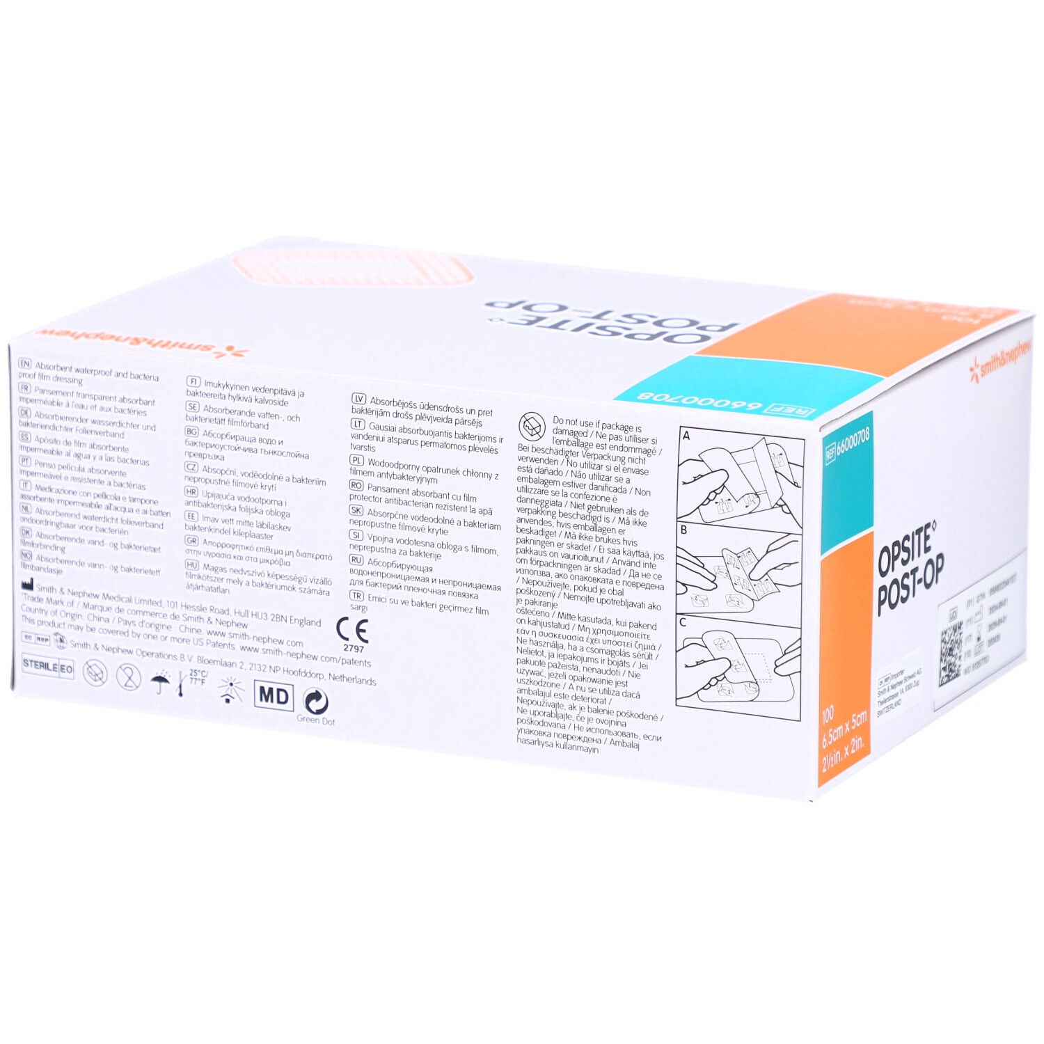 Rückseite der OPSITE Post-Op Box. Enthält Informationen und Piktogramme. Marke Smith & Nephew. REF 66000708.