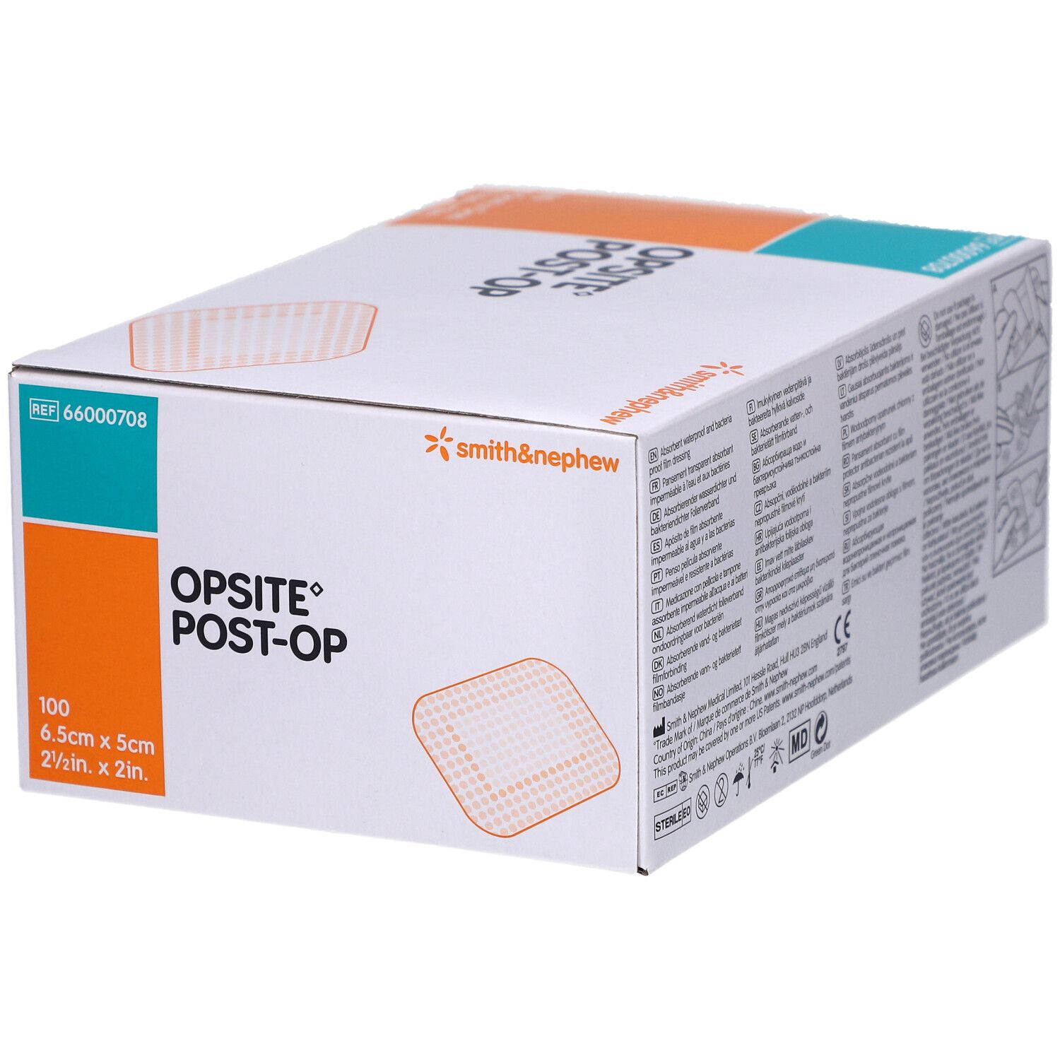 OPSITE Post-Op Box. Enthält 100 Verbände, 6,5 x 5 cm. Marke Smith & Nephew. REF 66000708. Steril.