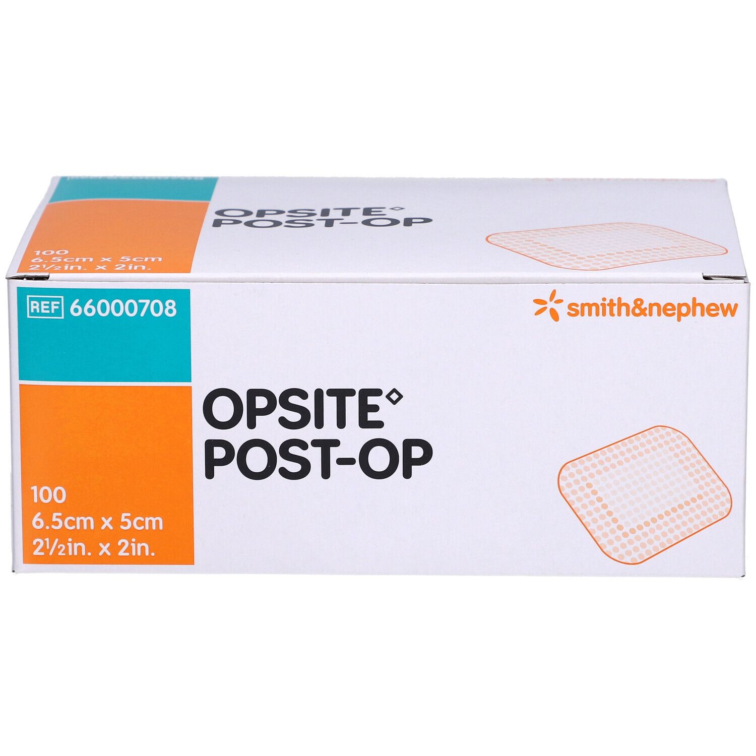 OPSITE Post-Op Box. Enthält 100 Verbände, 6,5 x 5 cm. Marke Smith & Nephew. REF 66000708.