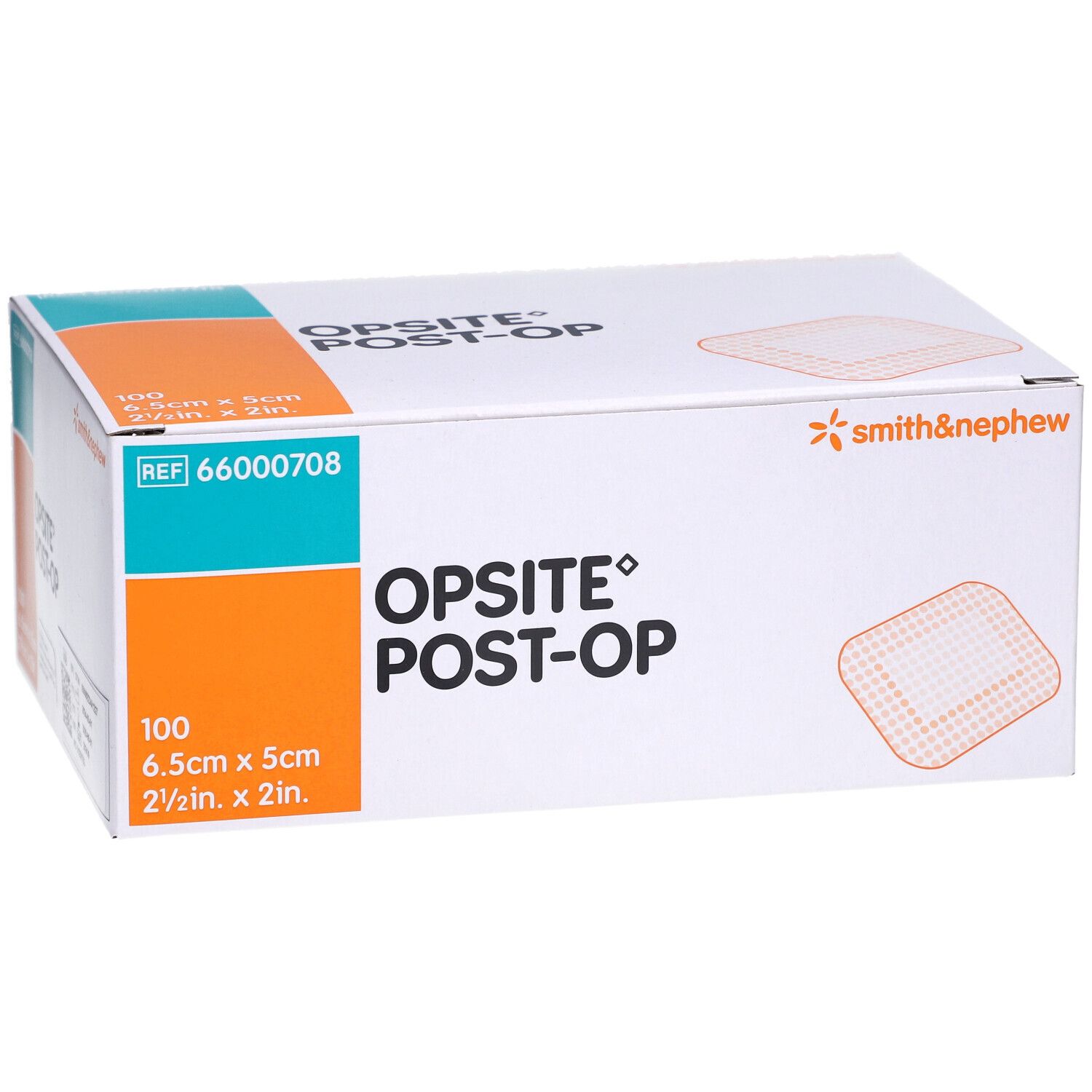 OPSITE Post-Op Box. Enthält 100 Verbände, 6,5 x 5 cm. Marke Smith & Nephew. REF 66000708.