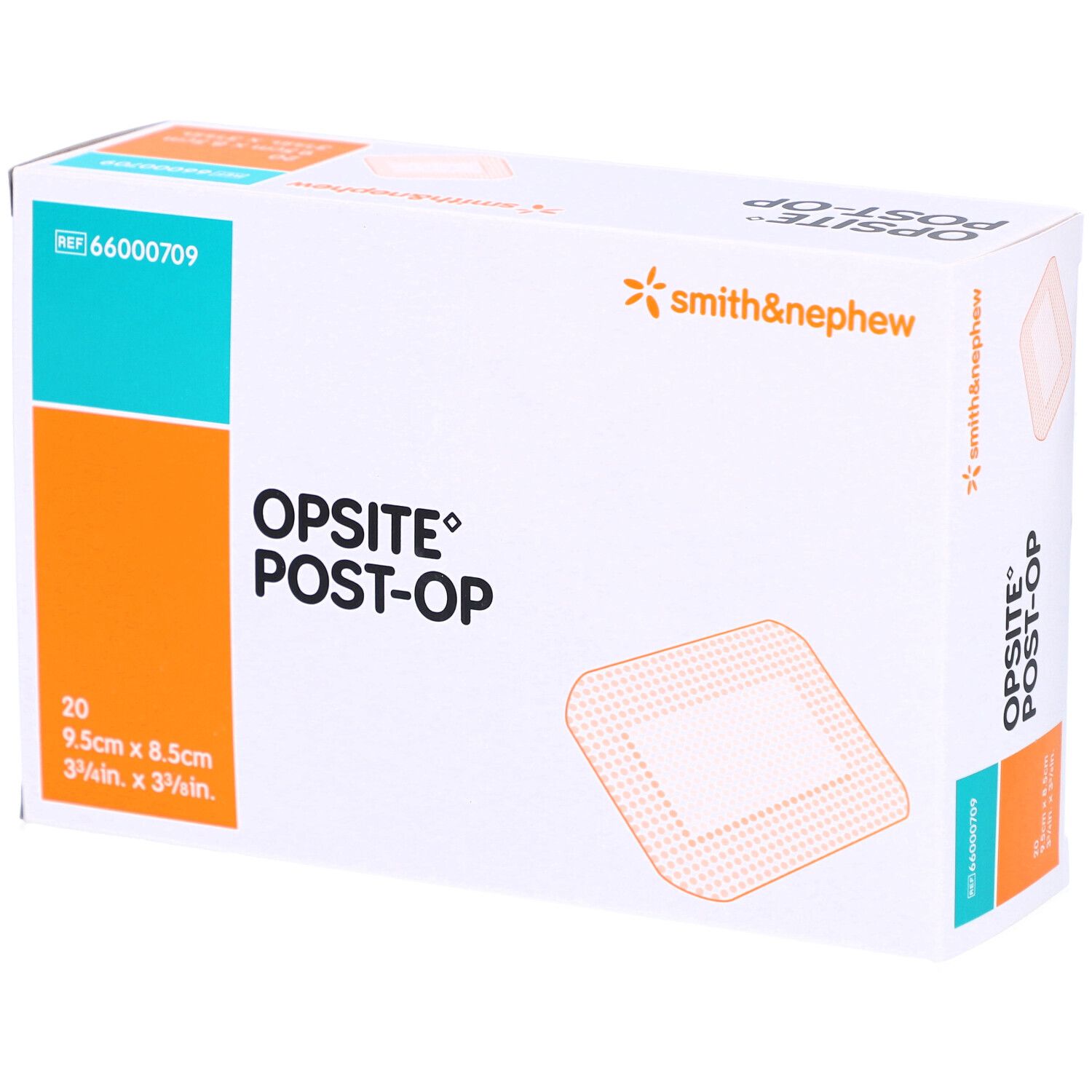 Verpackung mit OPSITE POST-OP. Enthält 20 Verbände, 9,5 x 8,5 cm. Marke Smith & Nephew.