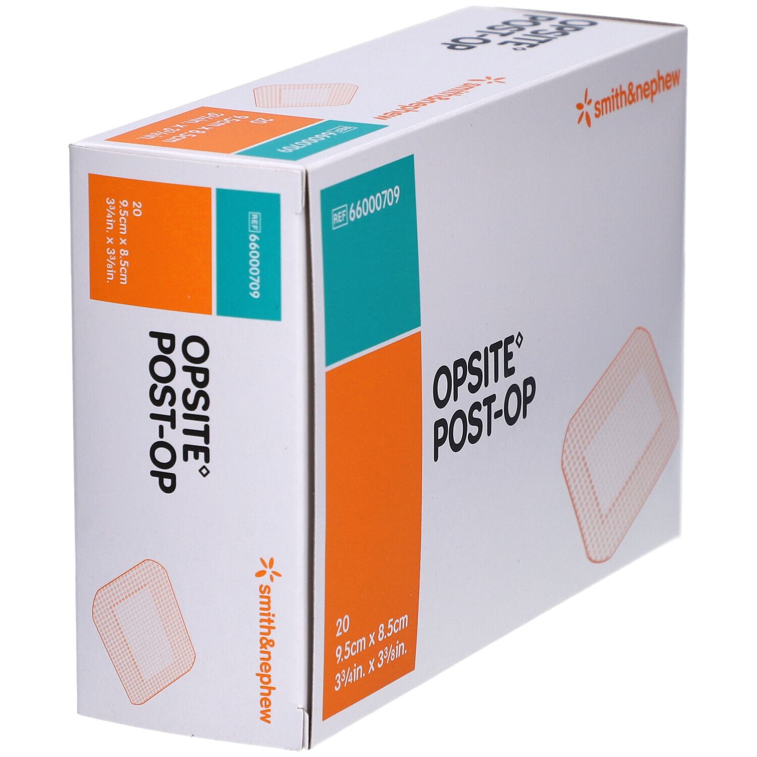 Schrägansicht der OPSITE POST-OP Verpackung. Enthält 20 Verbände, 9,5 x 8,5 cm. Marke Smith & Nephew.