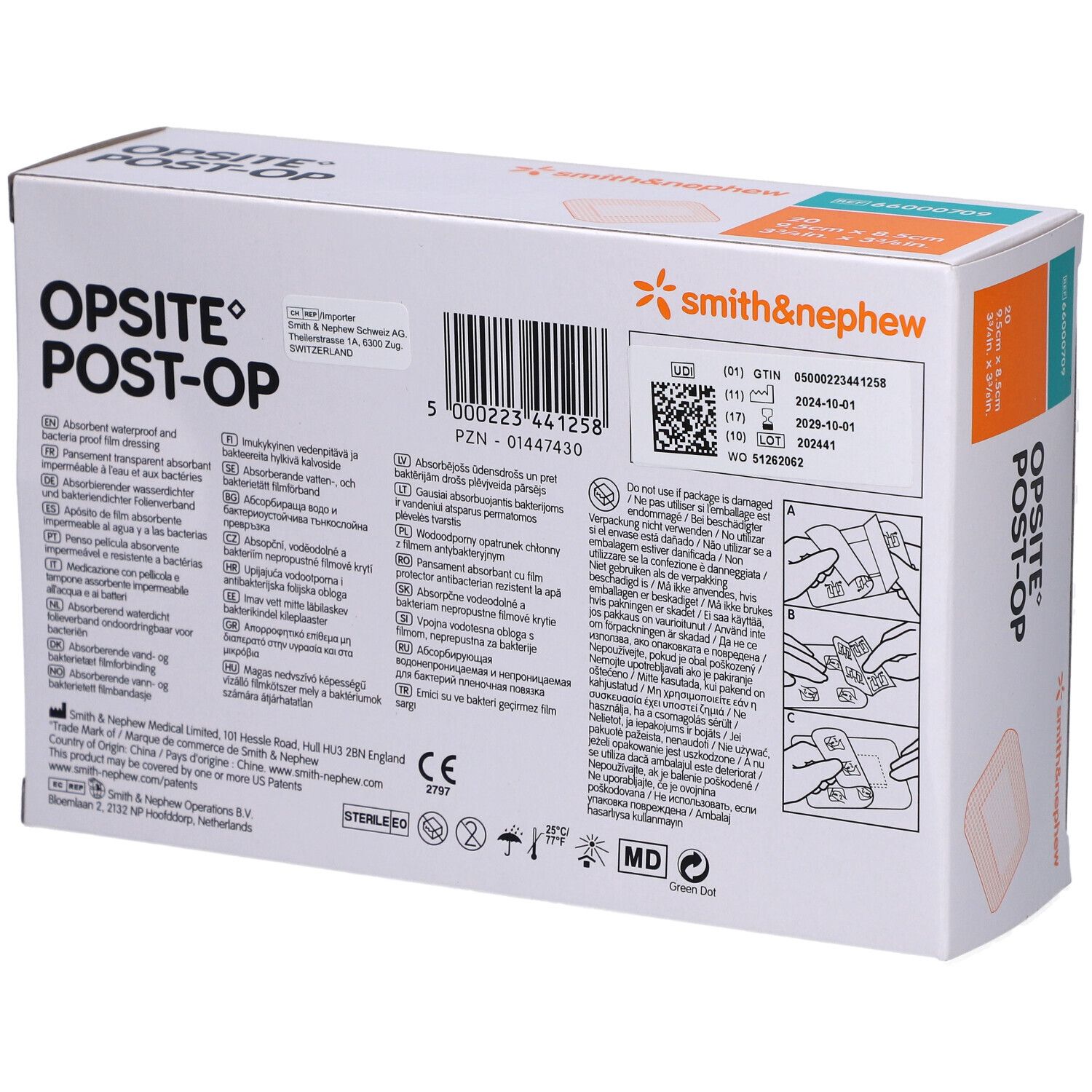 Rückseite der OPSITE POST-OP Verpackung. Enthält Informationen und Anweisungen. Marke Smith & Nephew.