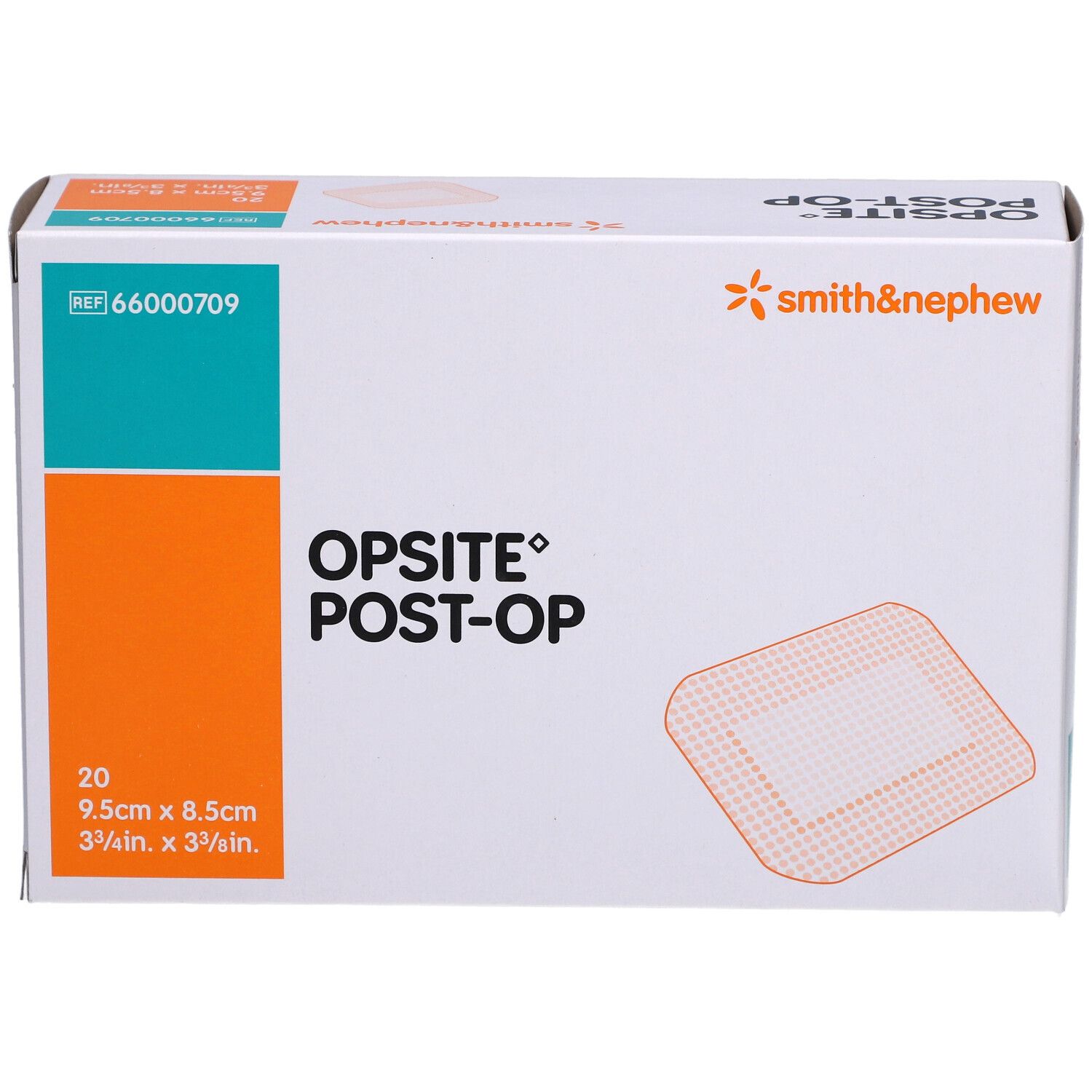 OPSITE POST-OP Verpackung. Enthält 20 Verbände, 9,5 x 8,5 cm. Marke Smith & Nephew.