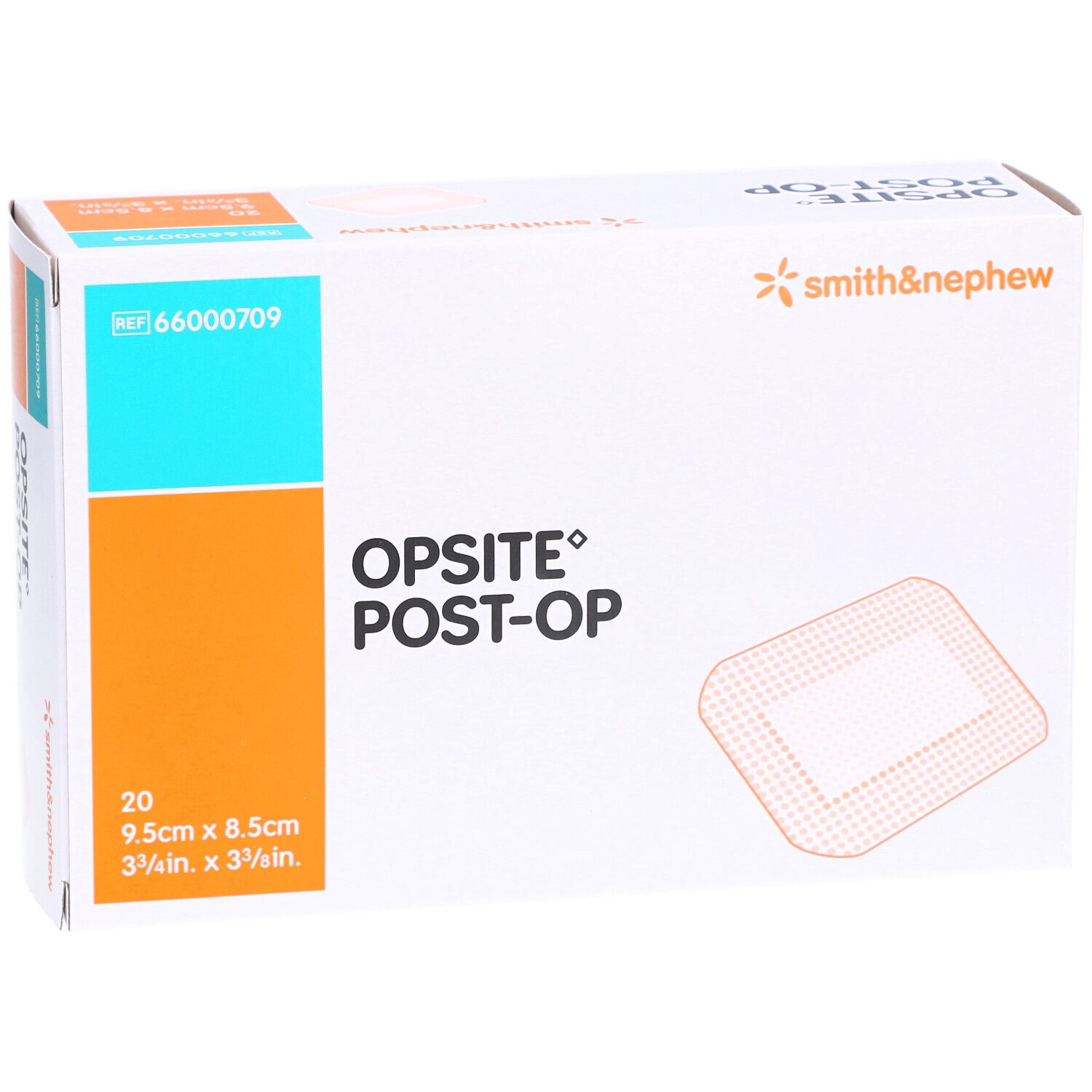 OPSITE POST-OP Verpackung. Enthält 20 Verbände, 9,5 x 8,5 cm. Marke Smith & Nephew.