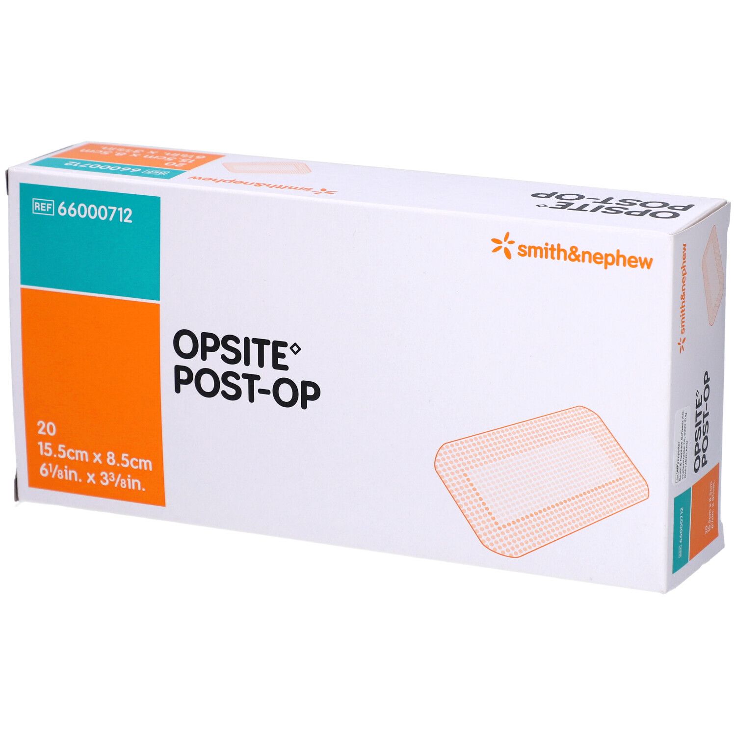 Opsite Post-Op-Verpackung. Weiß, orange und blau. Enthält 20 Pflaster, 15,5 x 8,5 cm. Marke Smith & Nephew.