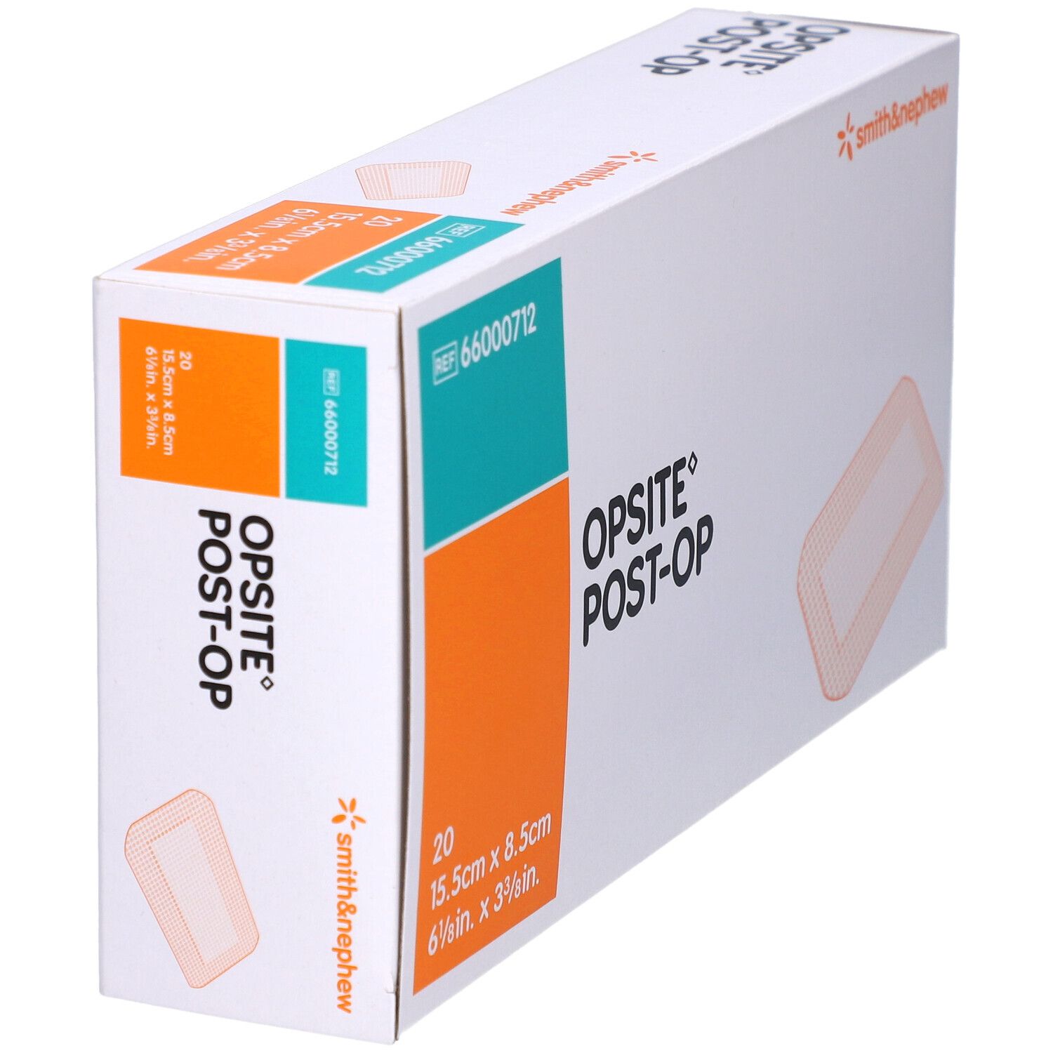 Opsite Post-Op-Verpackung. Weiß, orange und blau. Enthält 20 Pflaster, 15,5 x 8,5 cm. Marke Smith & Nephew.