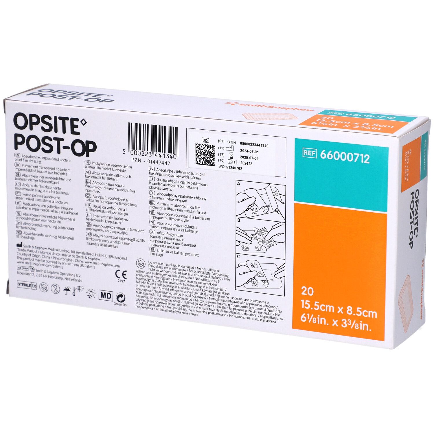 Opsite Post-Op-Verpackung. Rückseite mit Text und Illustrationen. Enthält 20 Pflaster, 15,5 x 8,5 cm. Marke Smith & Nephew.