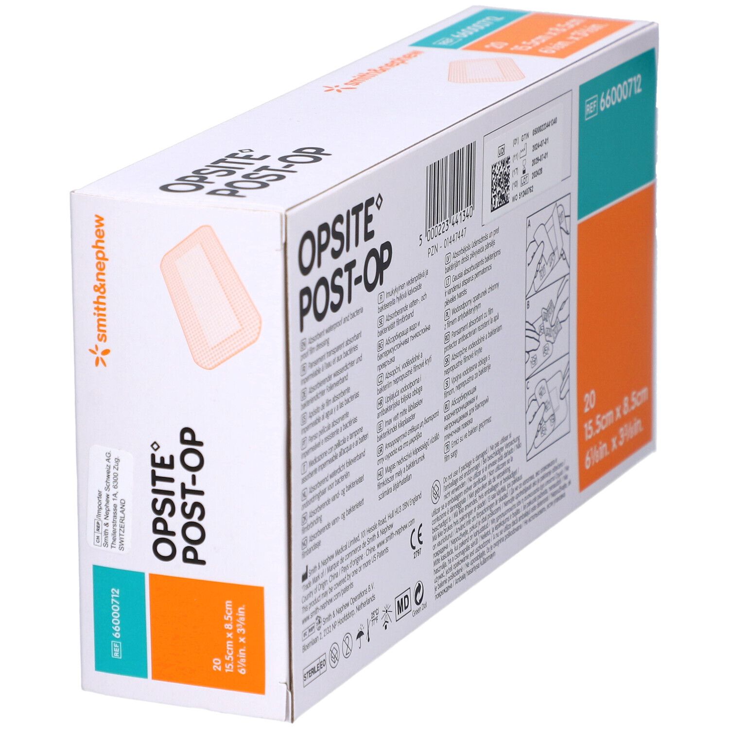 Opsite Post-Op-Verpackung. Rückseite mit Text und Illustrationen. Enthält 20 Pflaster, 15,5 x 8,5 cm. Marke Smith & Nephew.