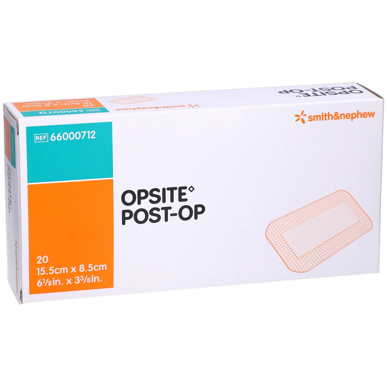 Opsite Post-Op-Verpackung. Weiß, orange und blau. Enthält 20 Pflaster, 15,5 x 8,5 cm. Marke Smith & Nephew.