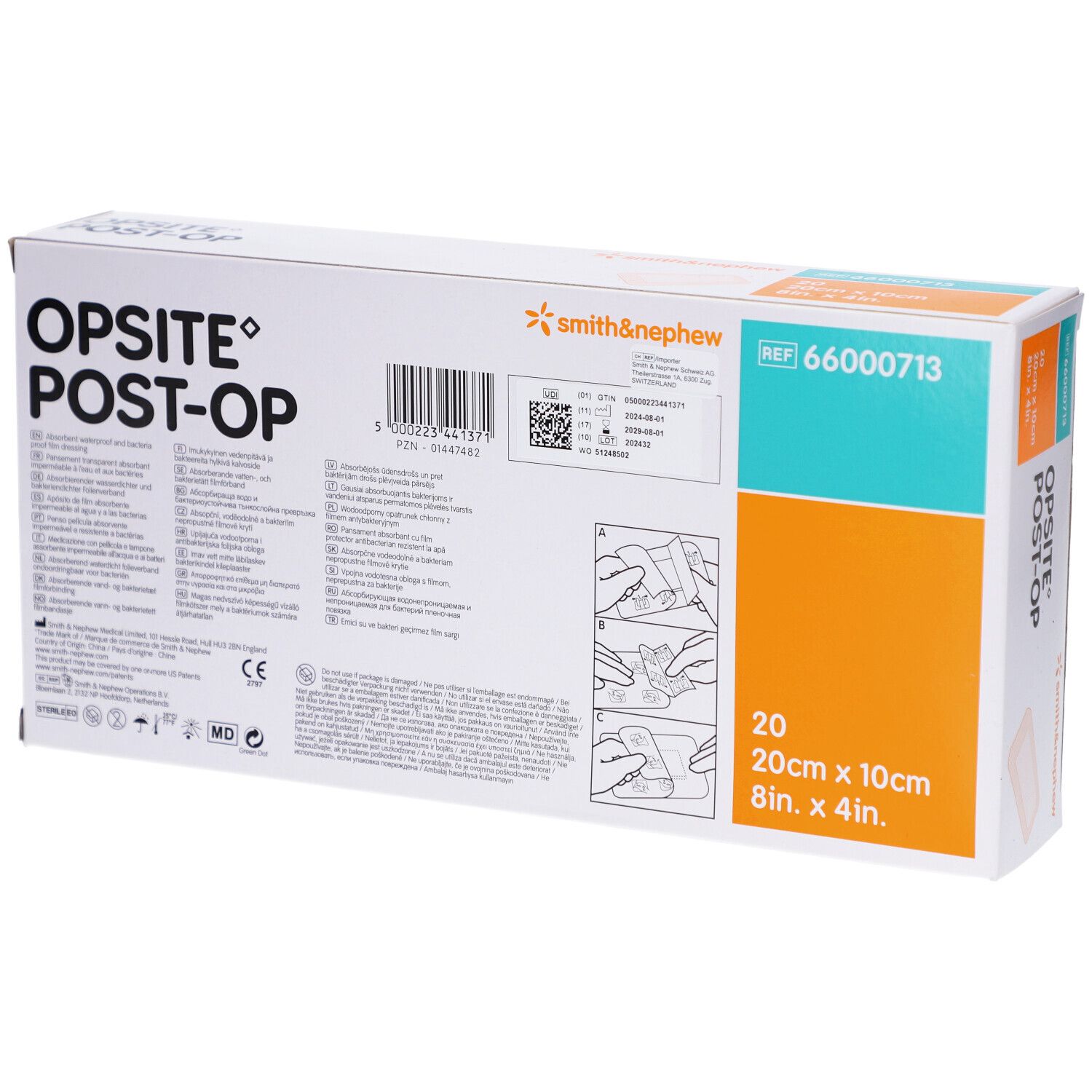 OPSITE POST-OP Verpackung. Enthält 20 Verbände, 20cm x 10cm. Marke Smith & Nephew. Rückseite mit Anweisungen und Produktinformationen.