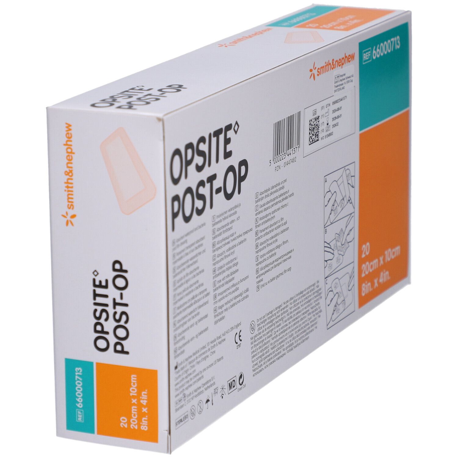 OPSITE POST-OP Verpackung. Enthält 20 Verbände, 20cm x 10cm. Marke Smith & Nephew. Rückseite mit Anweisungen.