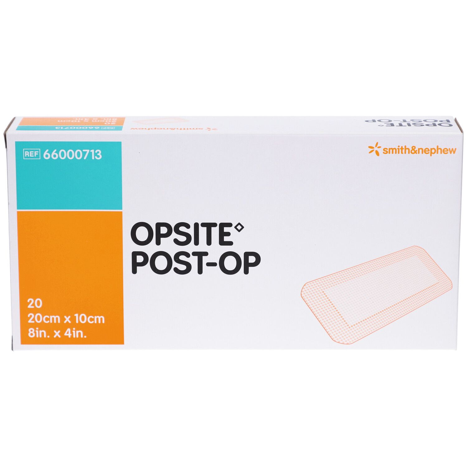 OPSITE POST-OP Verpackung. Enthält 20 Verbände, 20cm x 10cm. Marke Smith & Nephew. Rechteckige Form mit abgerundeten Ecken.