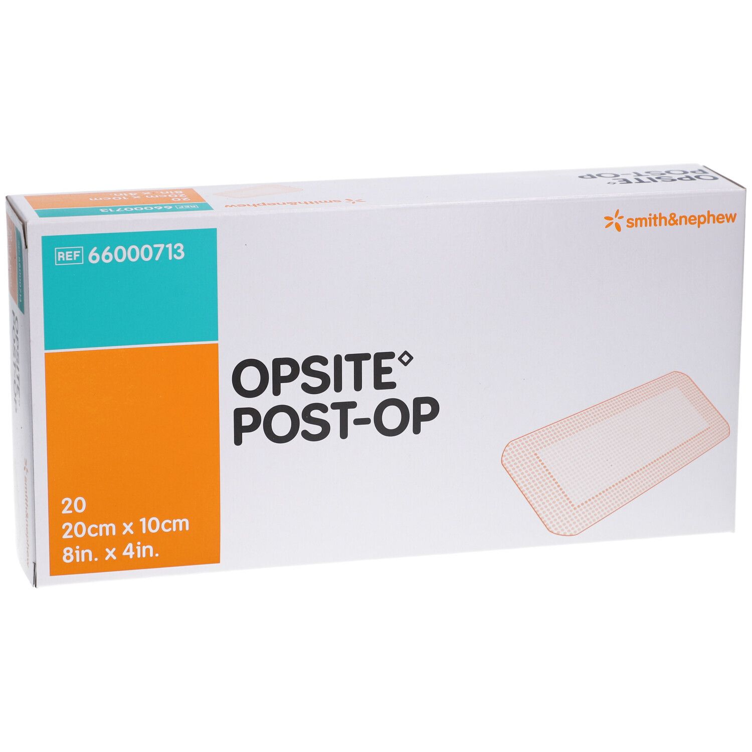 OPSITE POST-OP Verpackung. Enthält 20 Verbände, 20cm x 10cm. Marke Smith & Nephew. Rechteckige Form mit abgerundeten Ecken.