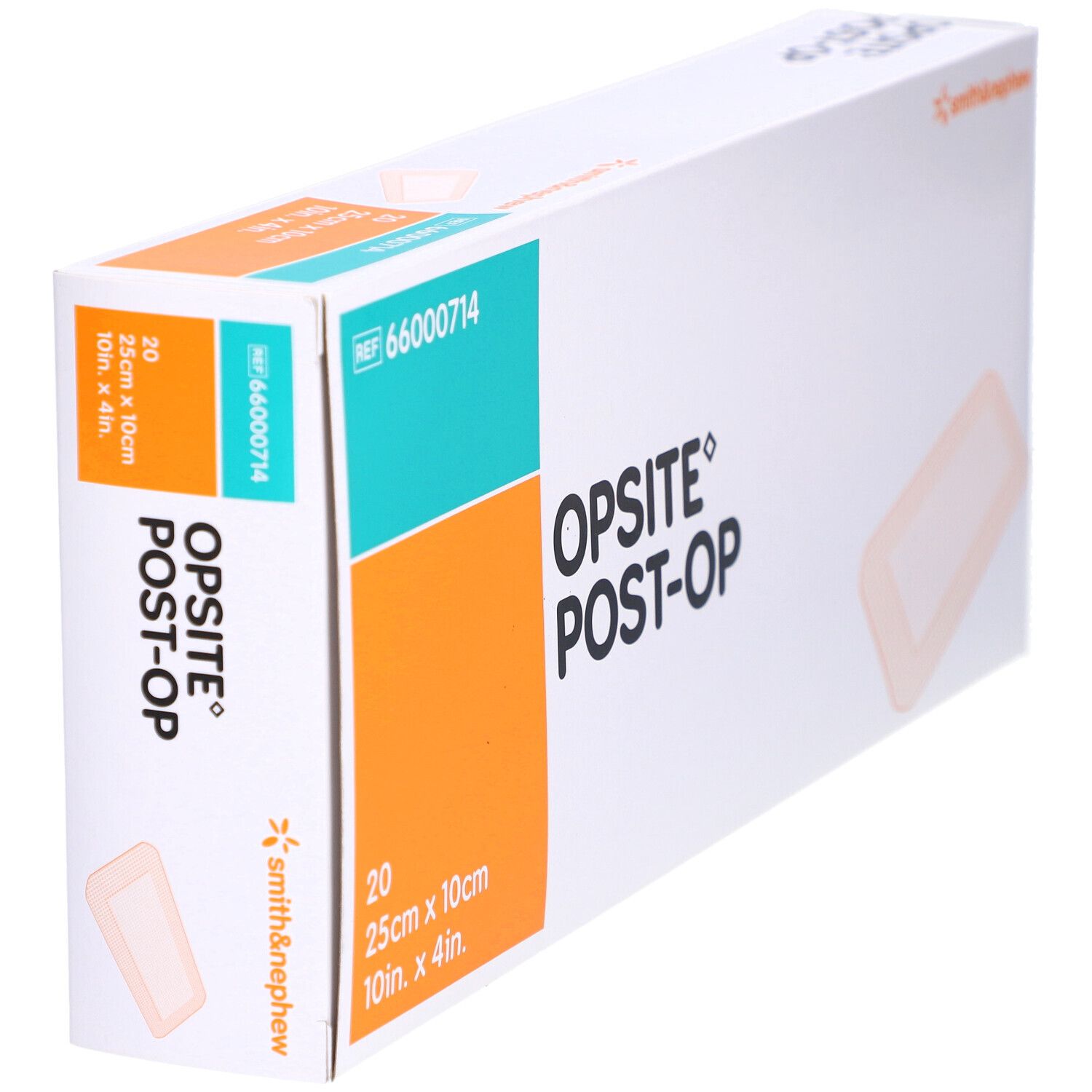 Boîte OPSITE Post-Op en biais. Contient 20 pansements, 25cm x 10cm. Marque Smith & Nephew.