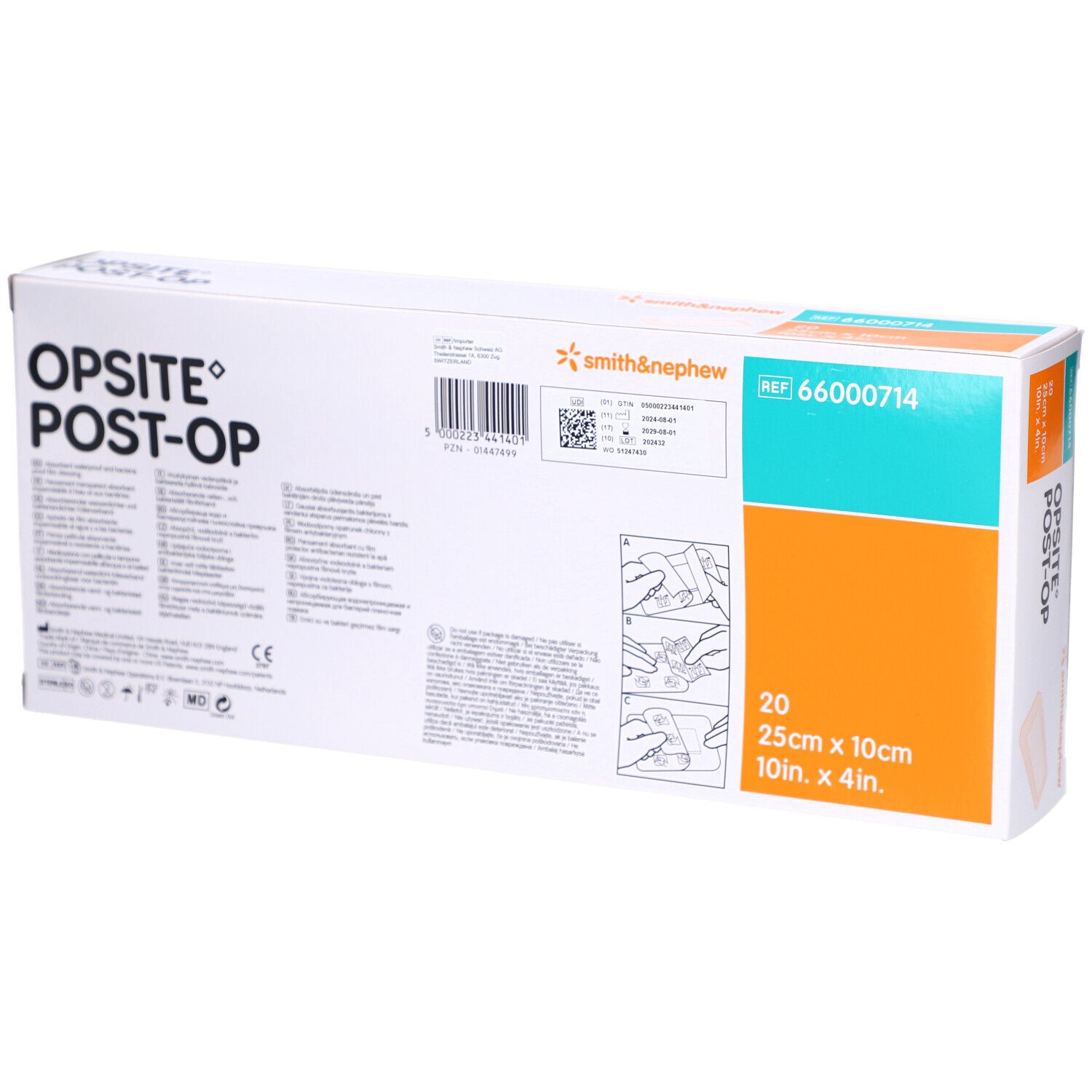 Dos de la boîte OPSITE Post-Op. Contient des informations et des illustrations. Marque Smith & Nephew.