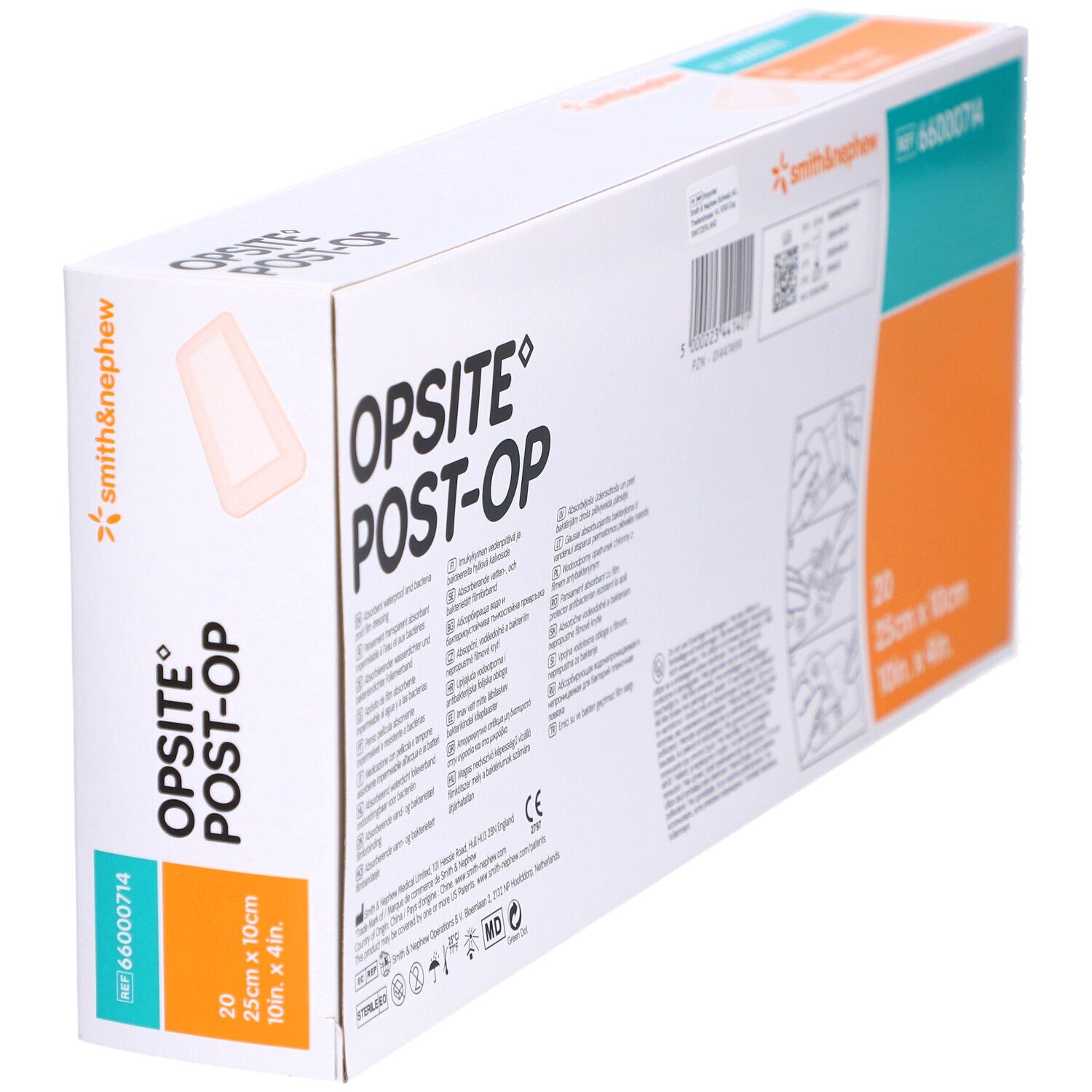 Boîte OPSITE Post-Op en biais. Contient des informations et des illustrations. Marque Smith & Nephew.
