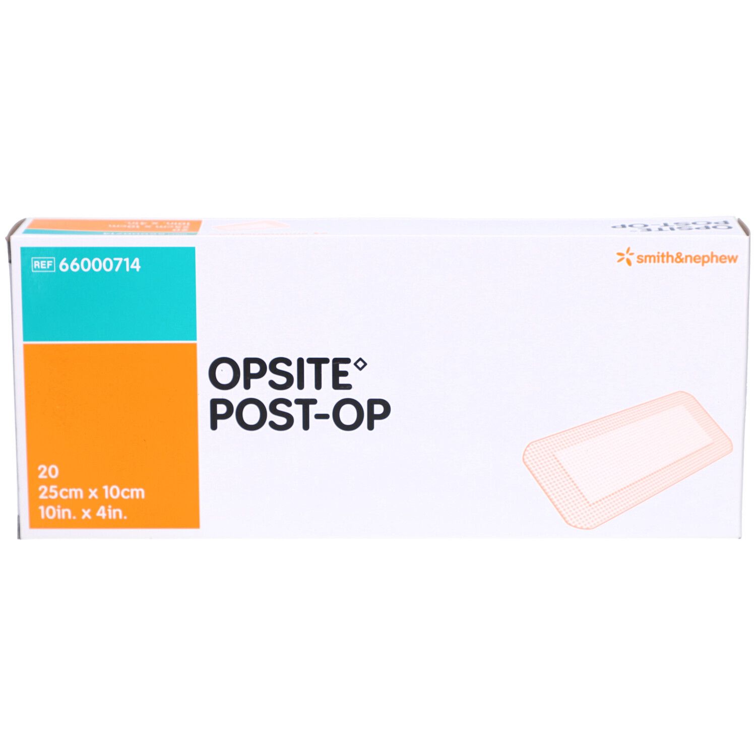Boîte de pansements OPSITE Post-Op. Contient 20 unités de 25cm x 10cm. Marque Smith & Nephew.