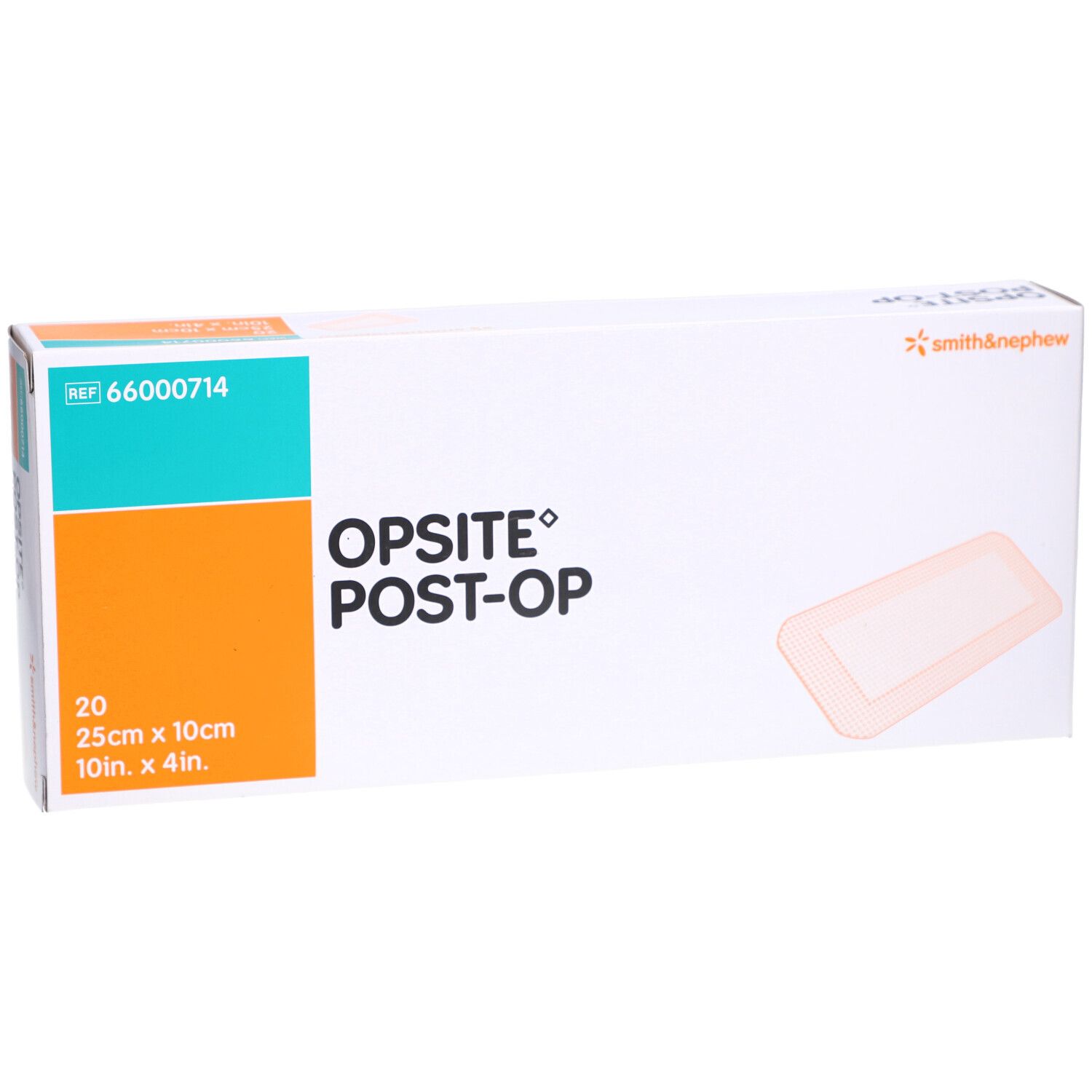 Boîte de pansements OPSITE Post-Op. Contient 20 unités de 25cm x 10cm. Marque Smith & Nephew.