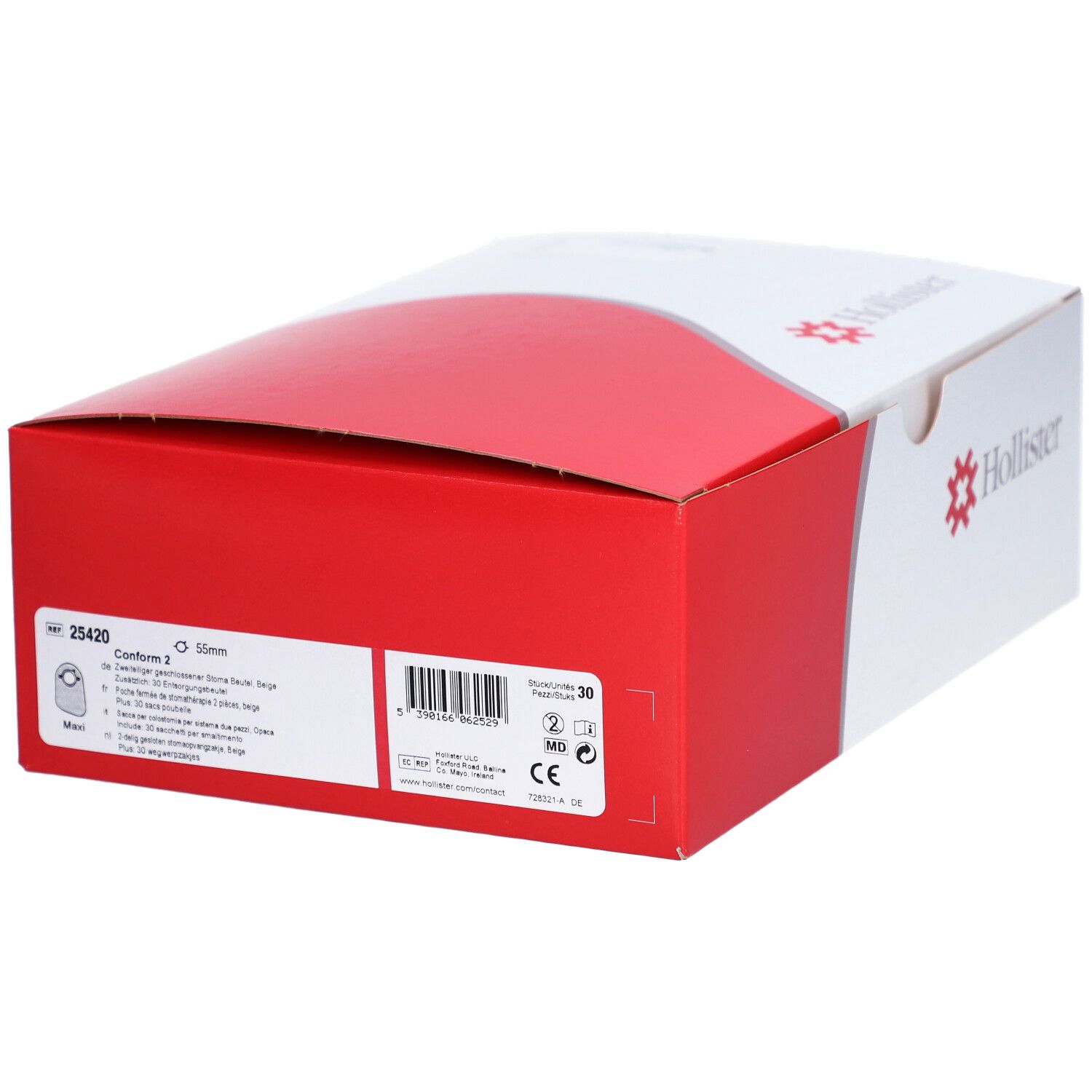 Boîte rouge et blanche. Inscriptions : 25420, 55mm, logo Hollister, informations produit. Contient 30 pièces.