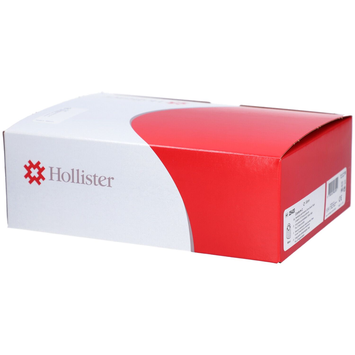Emballage rouge et blanc. Logo Hollister. Boîte. Vue latérale.