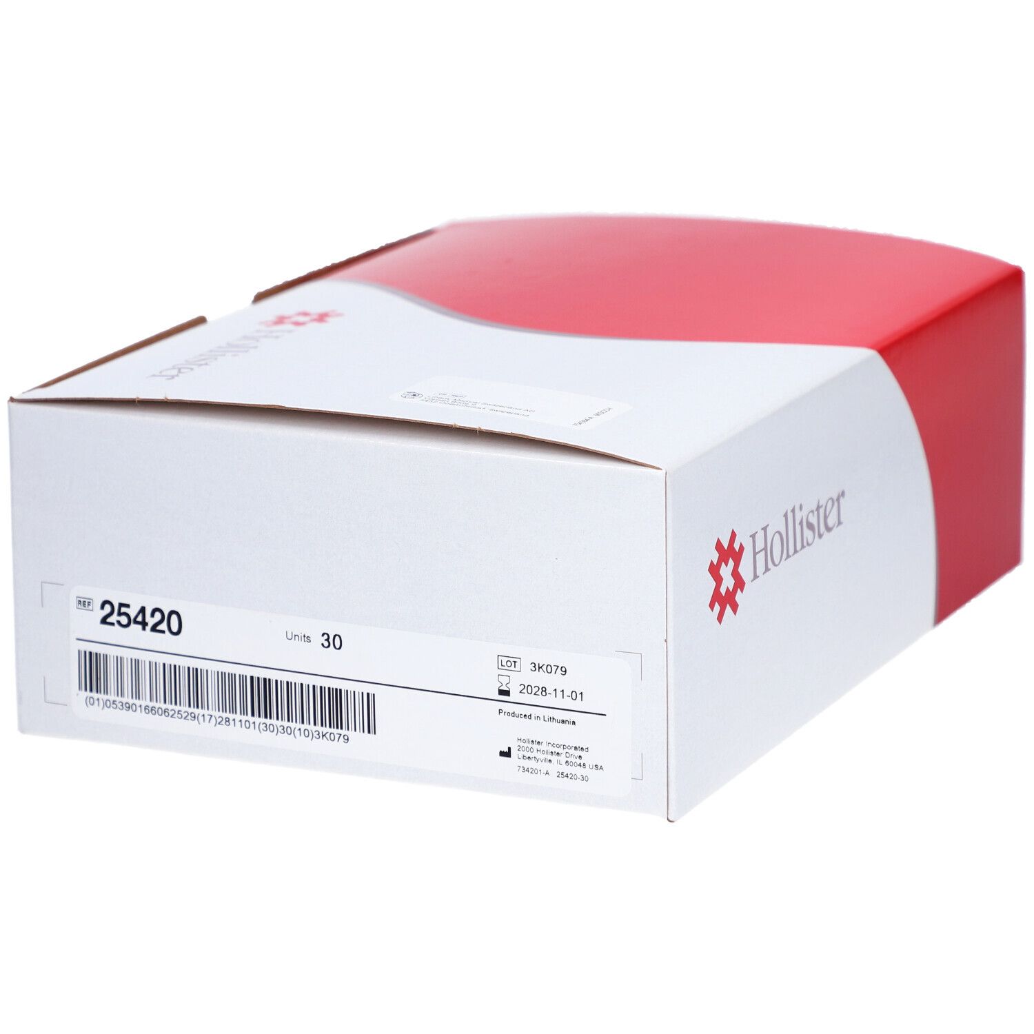Emballage rouge et blanc. Inscriptions : 25420, 30 pièces, code-barres, logo Hollister. Boîte.