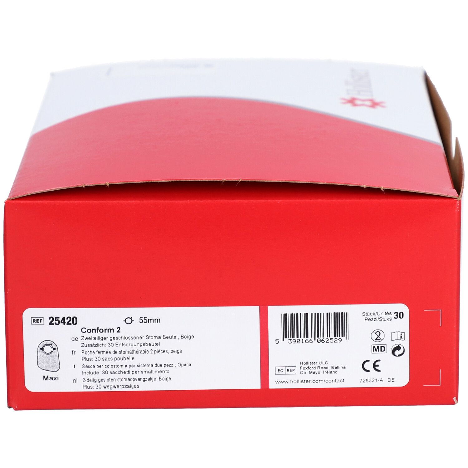 Boîte rouge et blanche. Inscriptions : 25420, 55mm, logo Hollister, informations produit. Contient 30 pièces.