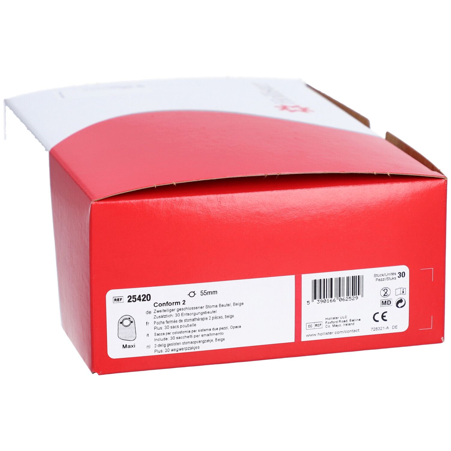 Boîte rouge et blanche. Inscriptions : 25420, 55mm, logo Hollister, informations produit. Contient 30 pièces.