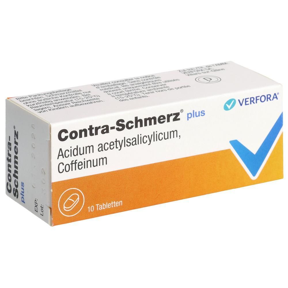 Kartonverpackung mit Produktnamen Contra-Schmerz plus. Enthält Acidum acetylsalicylicum, Coffeinum. 10 Tabletten. Marke Verfora.