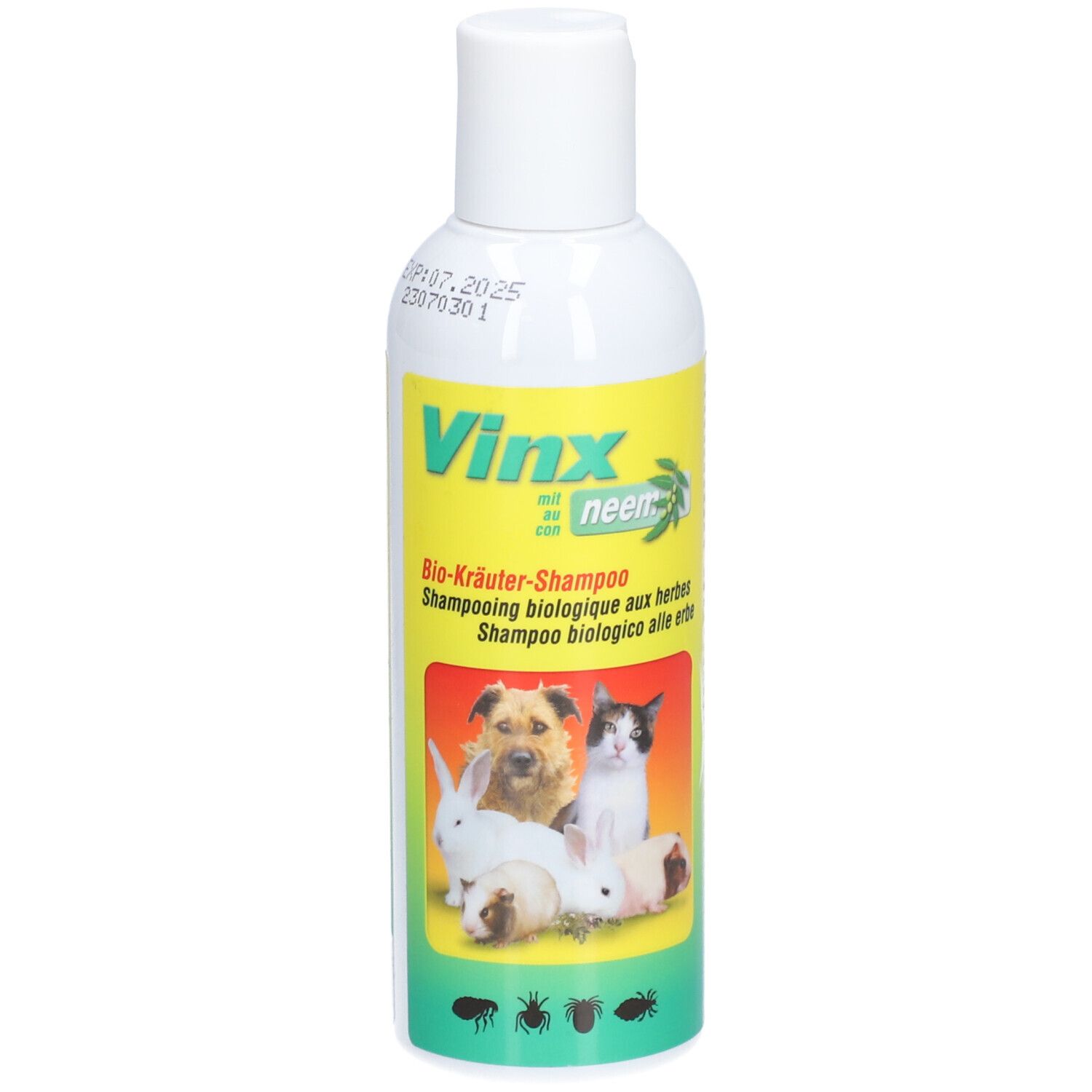 Flacon blanc avec étiquette jaune. Inscription: Vinx avec Neem, Bio-Kräuter-Shampoo. Image d'animaux.
