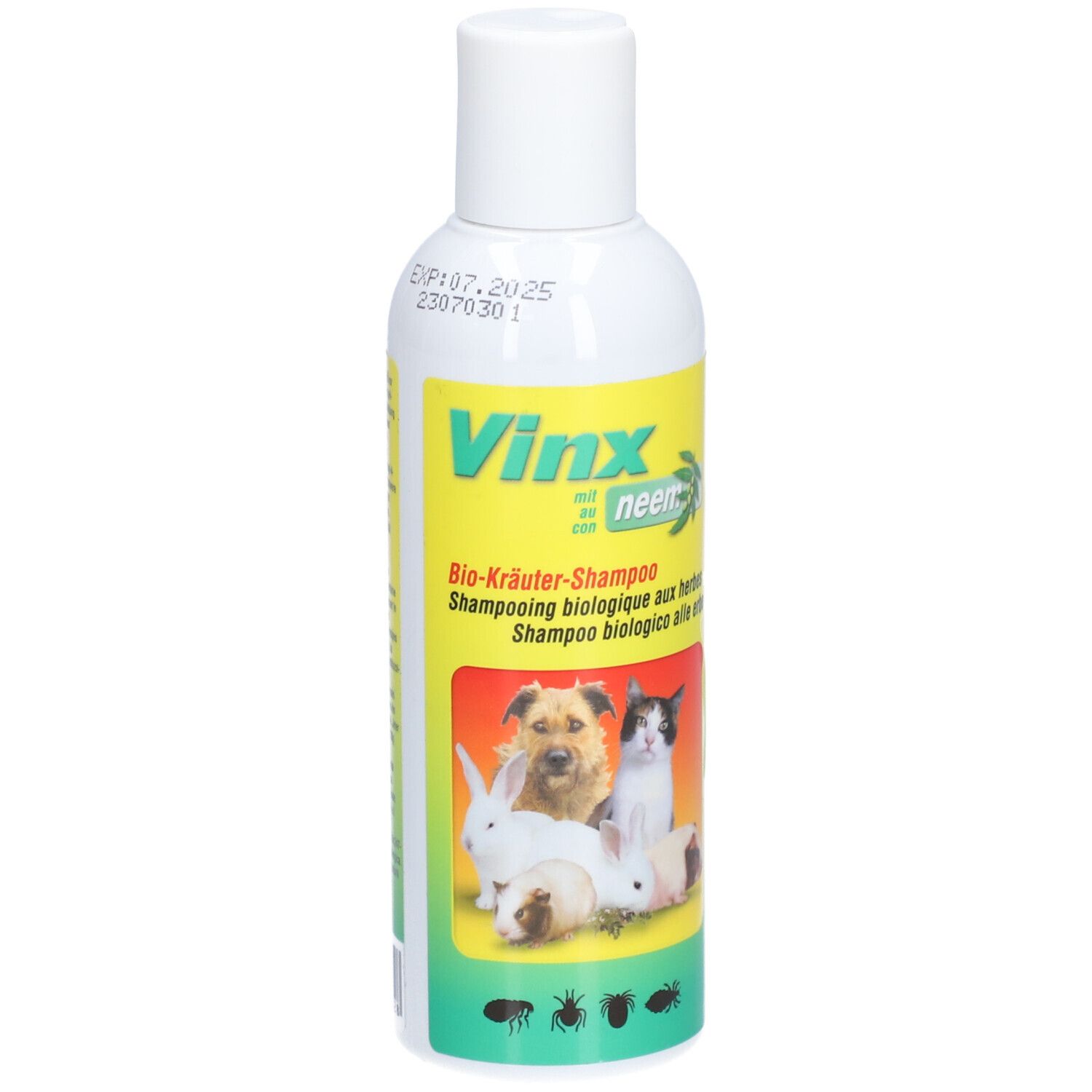 Flacon blanc avec étiquette jaune. Inscription: Vinx avec Neem, Bio-Kräuter-Shampoo. Image d'animaux.